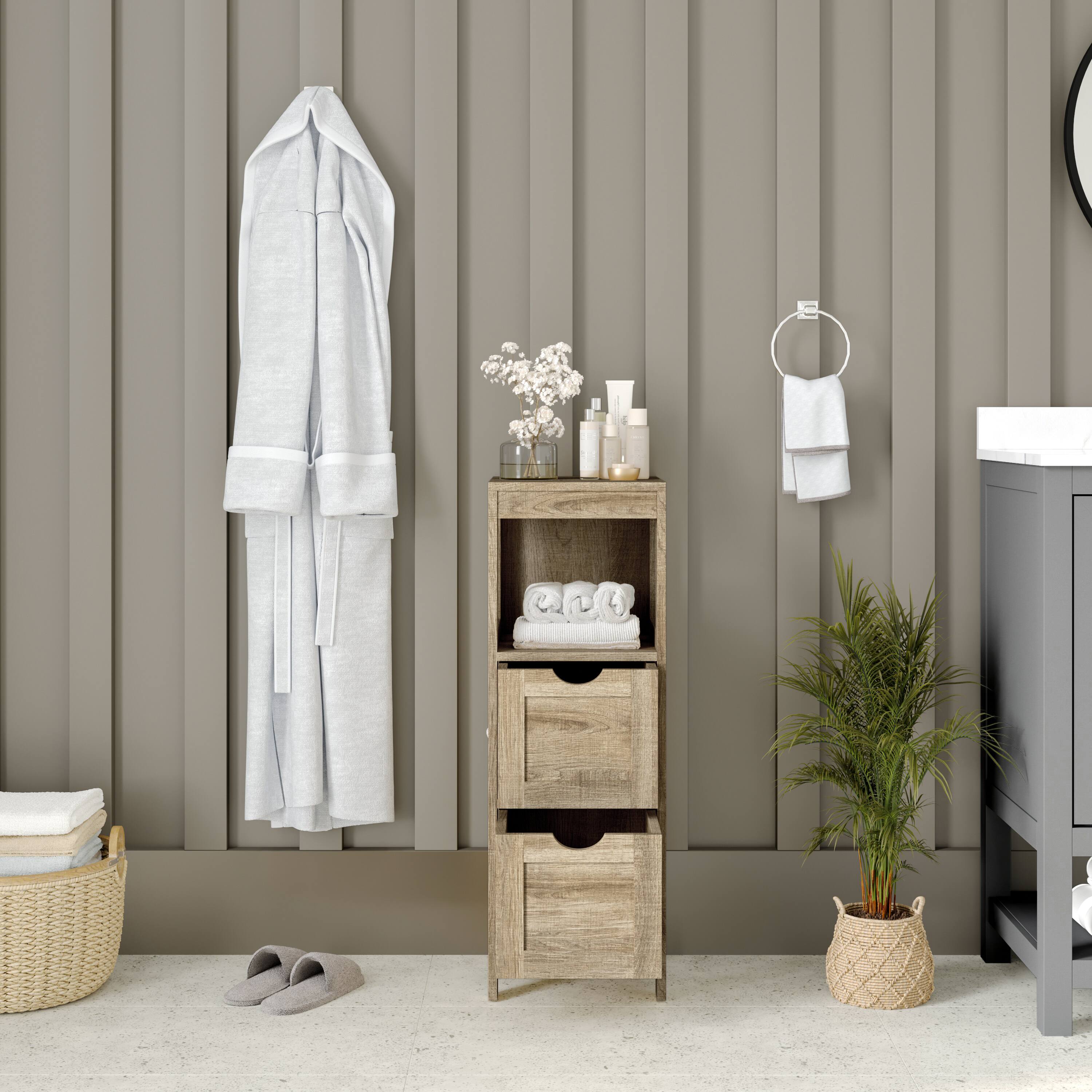 Alt View 3. Emma + Oliver - Dante Bathroom Storage Organizer with Open Display Shelf and Two Removable Drawers - Brown.