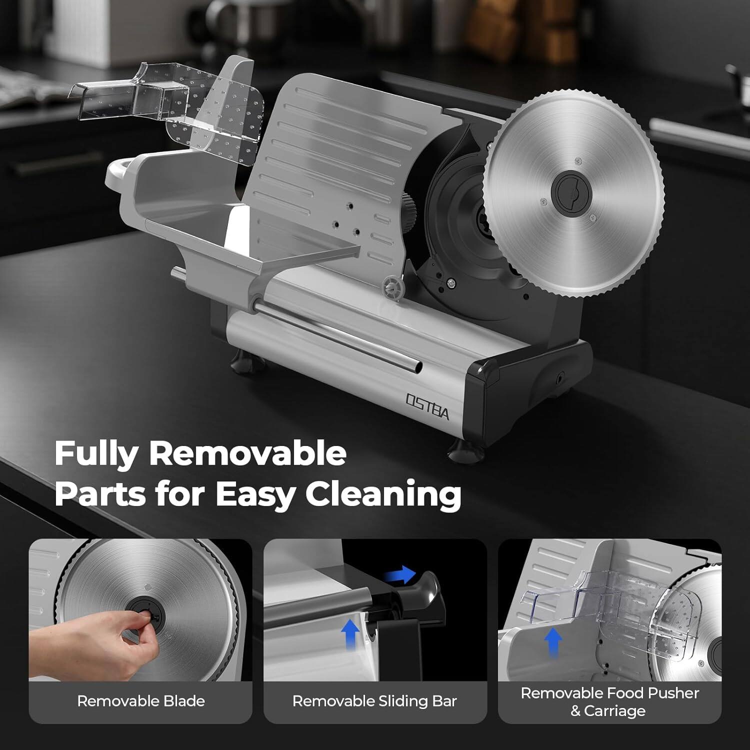 Fully Removable Parts for Easy Cleaning

- Removable Blade
- Removable Sliding Bar
- Removable Food Pusher & Carriage
