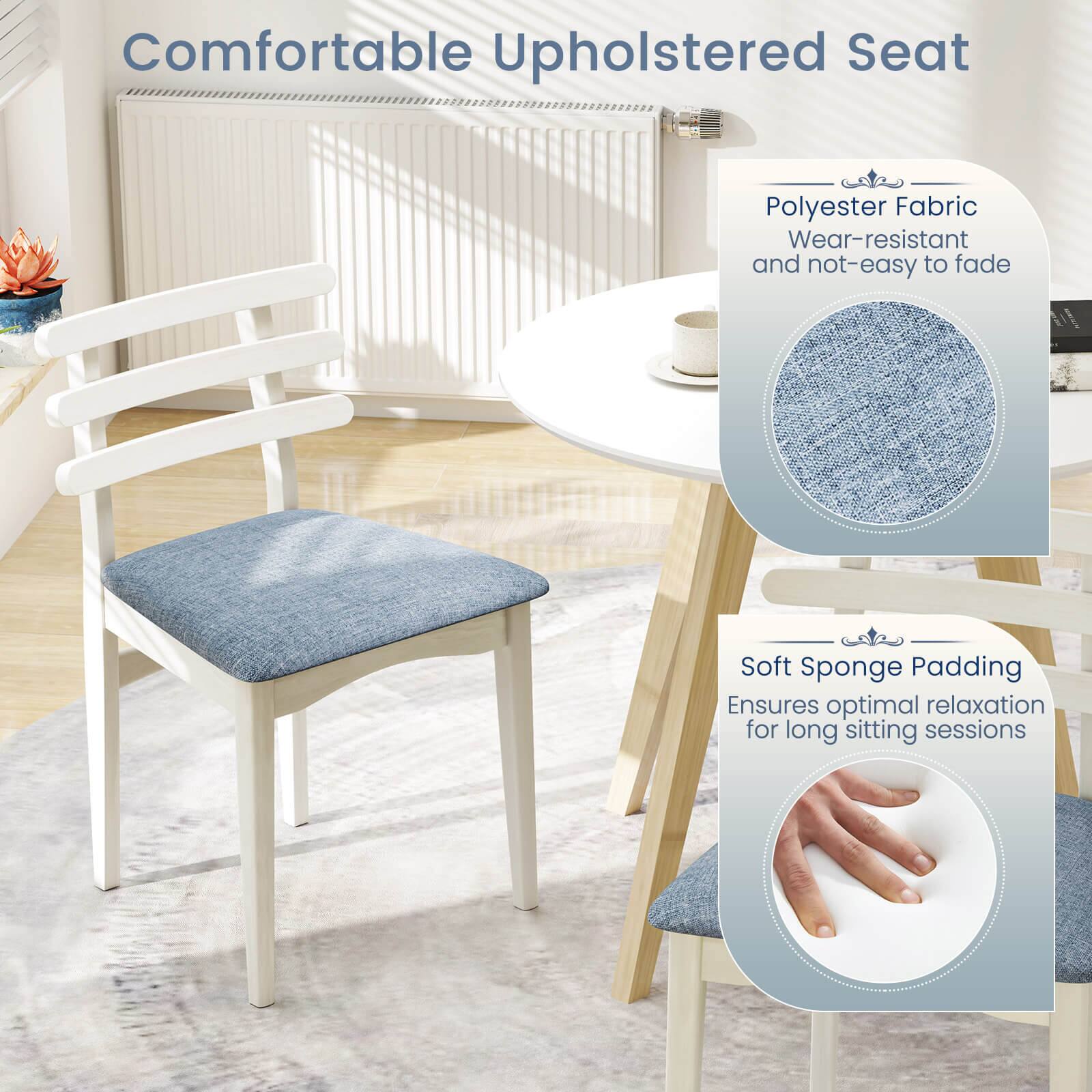 The text on the image reads: "Comfortable Upholstered Seat Polyester Fabric Wear-resistant and not-easy to fade Soft Sponge Padding Ensures optimal relaxation for long sitting sessions."