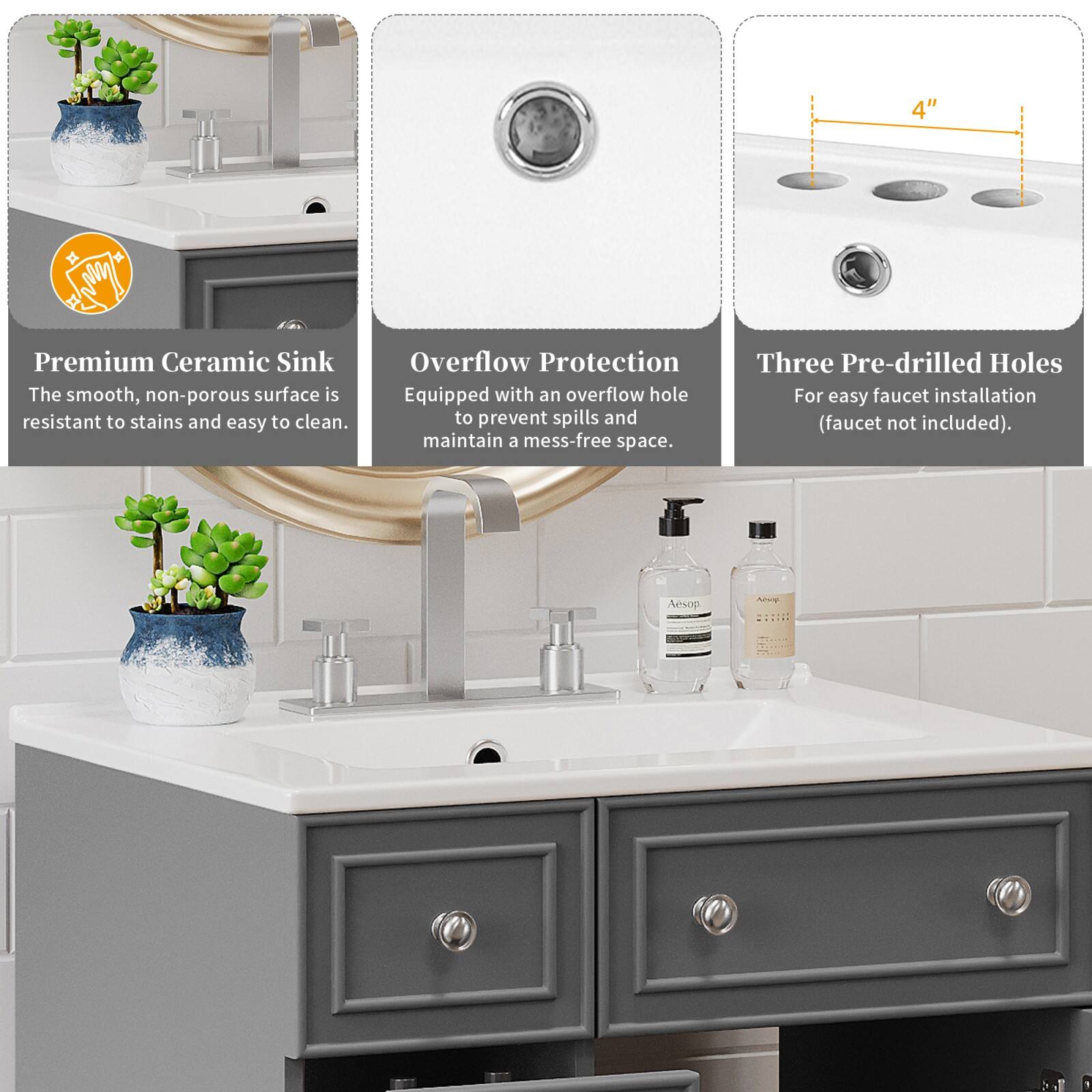 4" Premium Ceramic Sink  
The smooth, non-porous surface is resistant to stains and easy to clean.  
Overflow Protection  
Equipped with an overflow hole to prevent spills and maintain a mess-free space.  
Three Pre-drilled Holes  
For easy faucet installation (faucet not included).  
Aesop