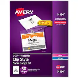 Avery - Clip On Name Badge Kit, 3" x 4", 50 Labels/Box - White/Clear