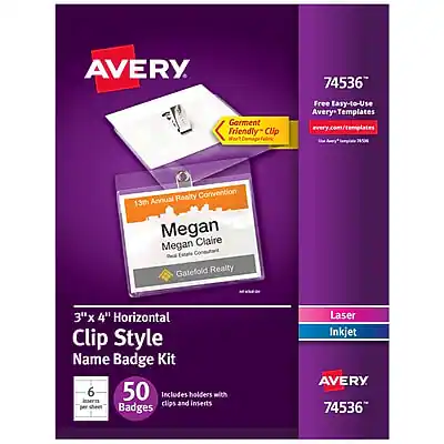 AVERY 74536
Garment Friendly Clip
Free Taxy-to-Use Avery Templates
avery.com/templates
13th Annual NSW Realty Convention
Megan Claire
Megan Estate
Gatefold Realty
3"x 4" Horizontal Clip Style Name Badge Kit
50 Badges
Includes holders with clips and inserts per sheet
Laser Inkjet
AVERY 74536
