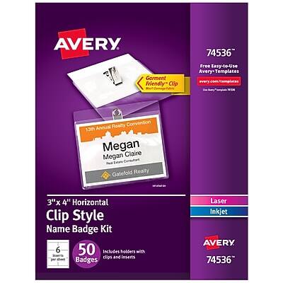 AVERY 74536  
Garment Friendly Clip  
Free Taxy-to-Use Avery Templates  
avery.com/templates  

13th Annual NSW Realty Convention  
Megan Claire  
Megan Estate  
Gatefold Realty  

3"x 4" Horizontal Clip Style Name Badge Kit  
50 Badges  
Includes holders with clips and inserts per sheet  

Laser Inkjet  

AVERY 74536