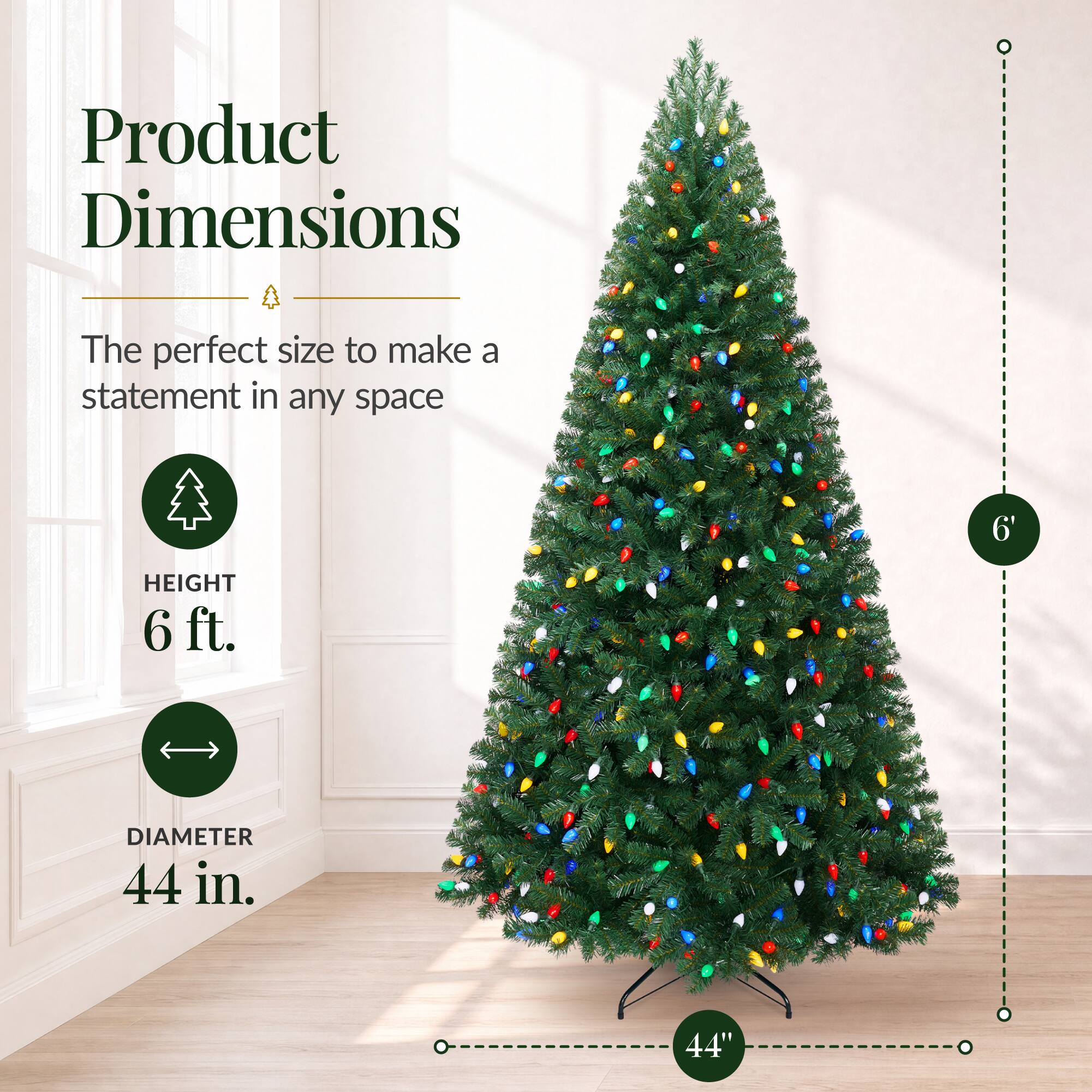 Product Dimensions  
The perfect size to make a statement in any space  
HEIGHT 6 ft.  
DIAMETER 44 in.  
44"