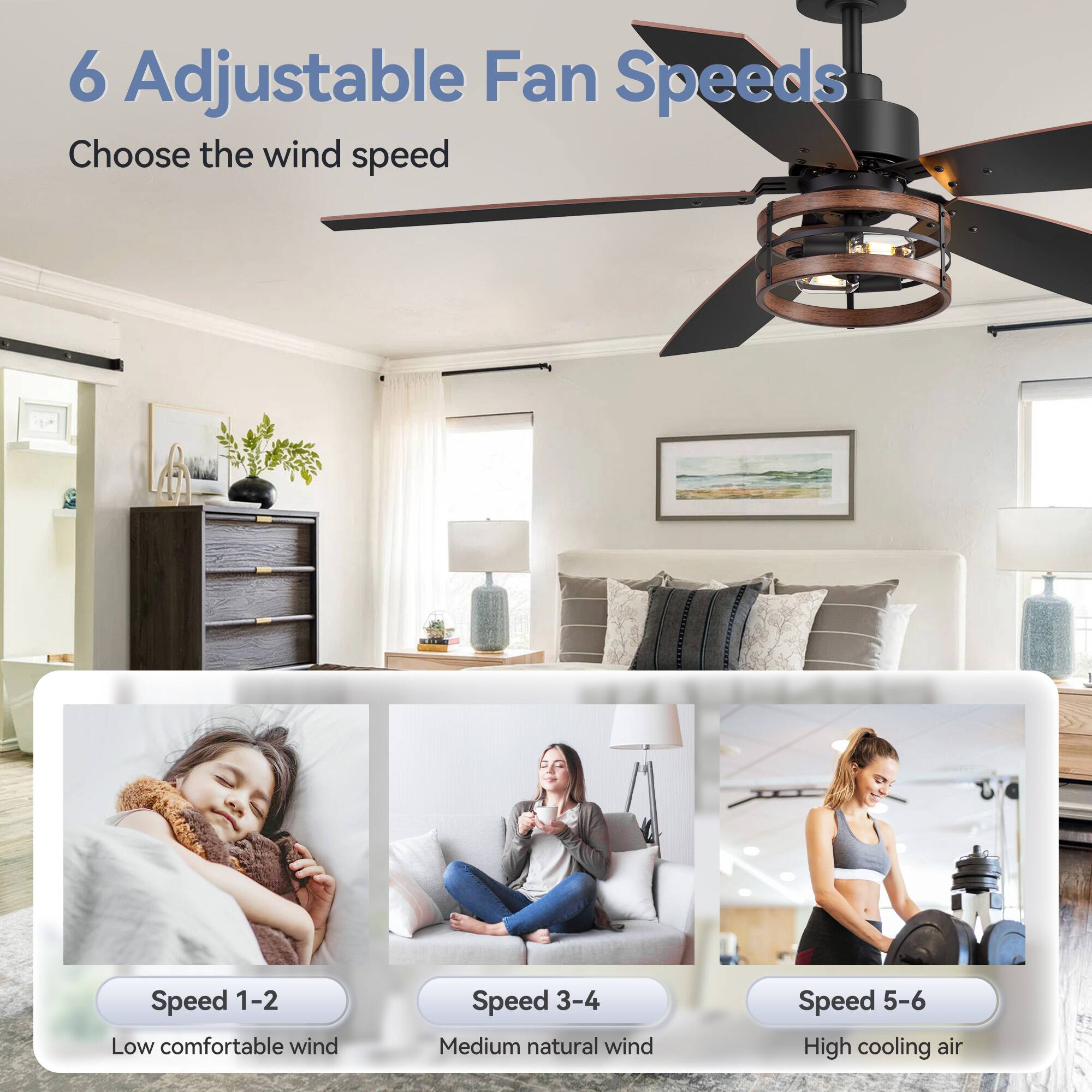 6 Adjustable Fan Speeds Choose the wind speed

Speed 1-2 Low comfortable wind
Speed 3-4 Medium natural wind
Speed 5-6 High cooling air