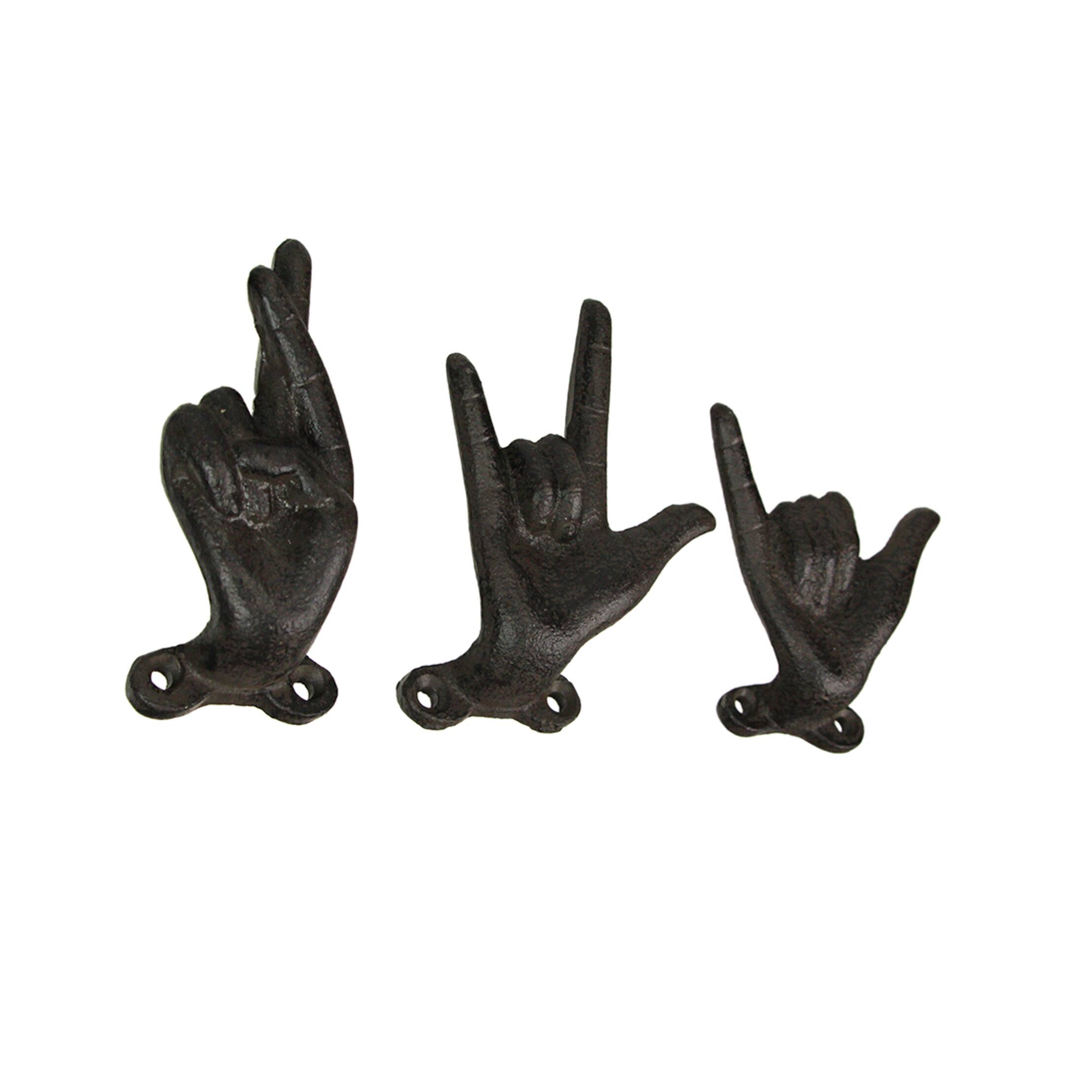 Alt View 1. Zeckos - Set of 3 Brown Cast Iron Hand Gesture Wall Hooks - Black.