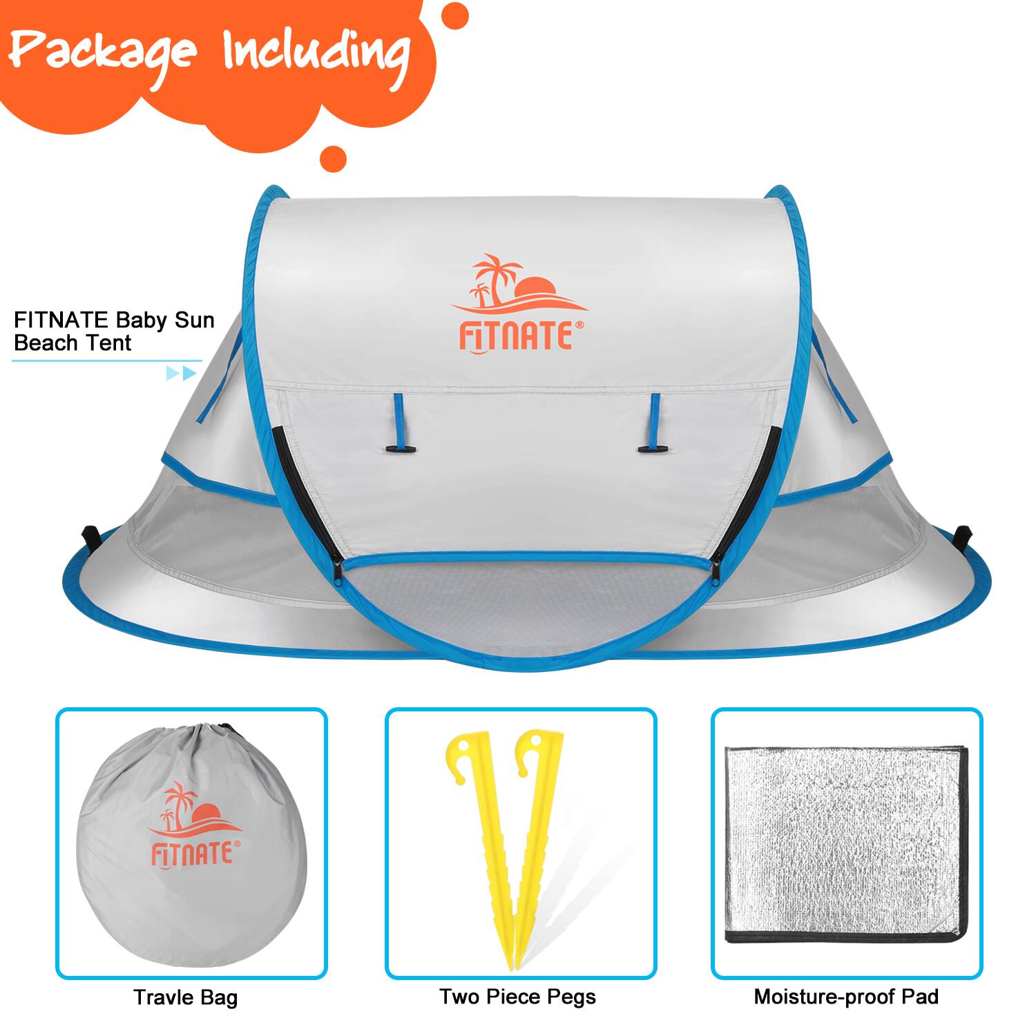 Package Including FITNATE Baby Sun Beach Tent, FITNATE Travle Bag, V Two Piece Pegs, Moisture-proof Pad