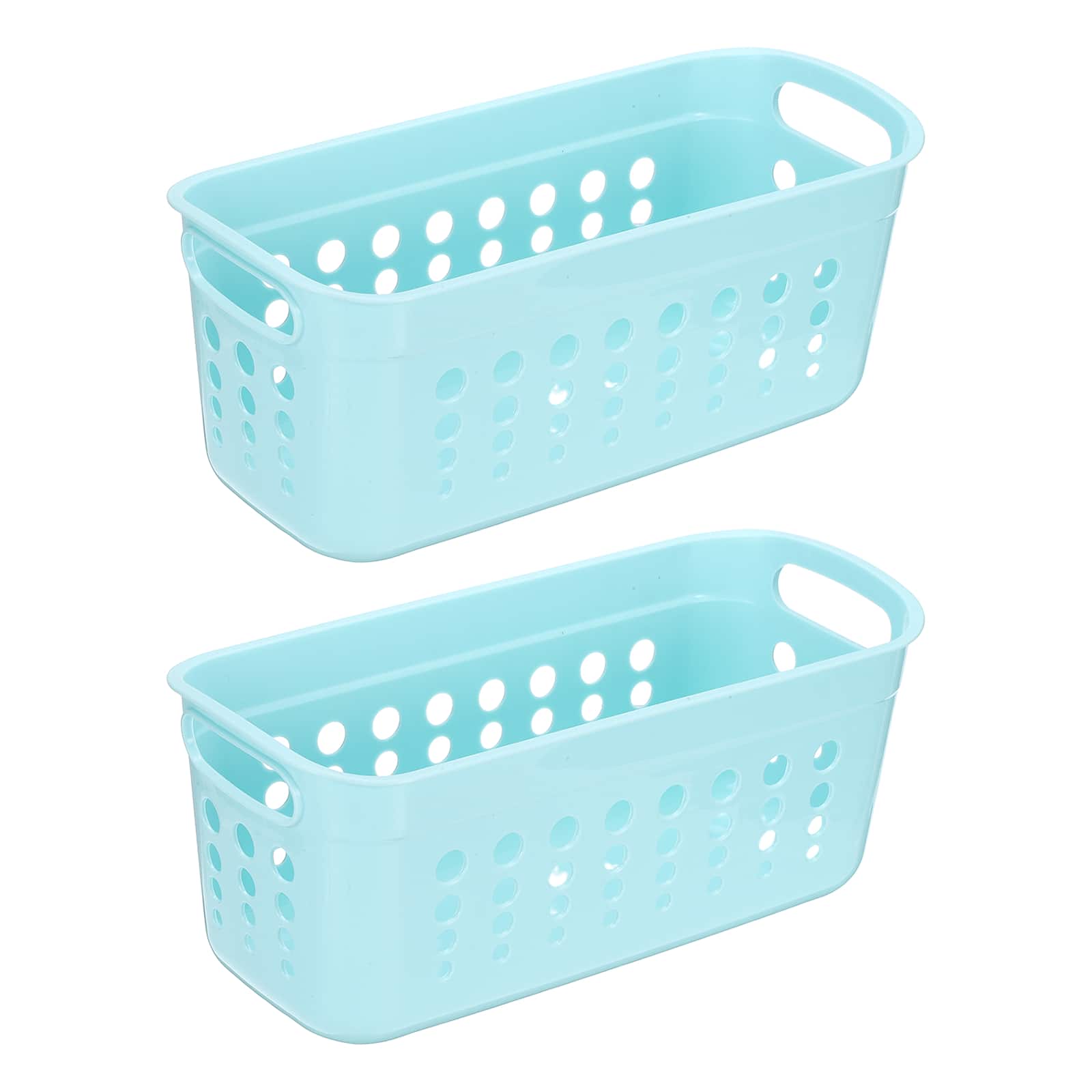 Unique Bargains - 2pcs Pantry Plastic Storage Baskets, 11.42x5.24x4.92", Stackable Organizer with Handle, for Shelves Bathroomss Closet - Blue