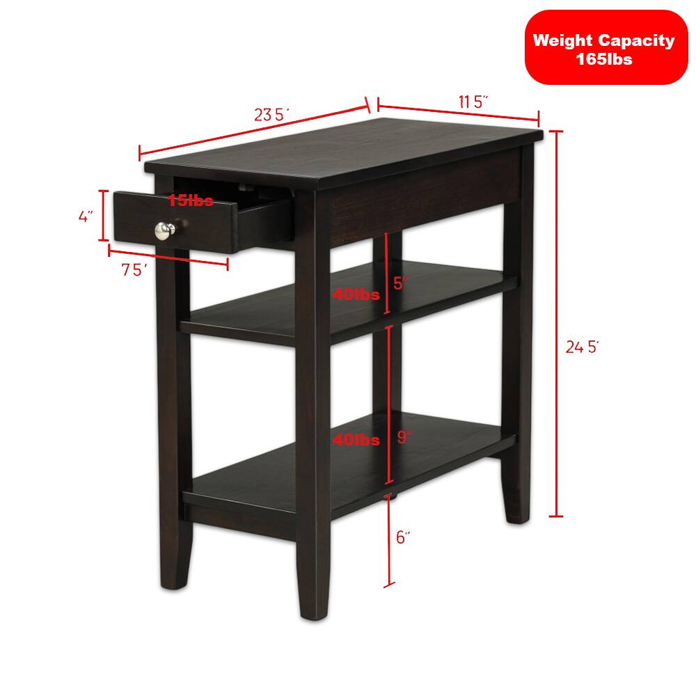 Weight Capacity: 165lbs

- Top Shelf: 23.5" x 11.5"
- Drawer: 75" x 4"
- Drawer Weight Capacity: 15lbs
- Middle Shelf: 24.5" x 9"
- Middle Shelf Weight Capacity: 40lbs
- Bottom Shelf: 24.5" x 6"
- Bottom Shelf Weight Capacity: 40lbs