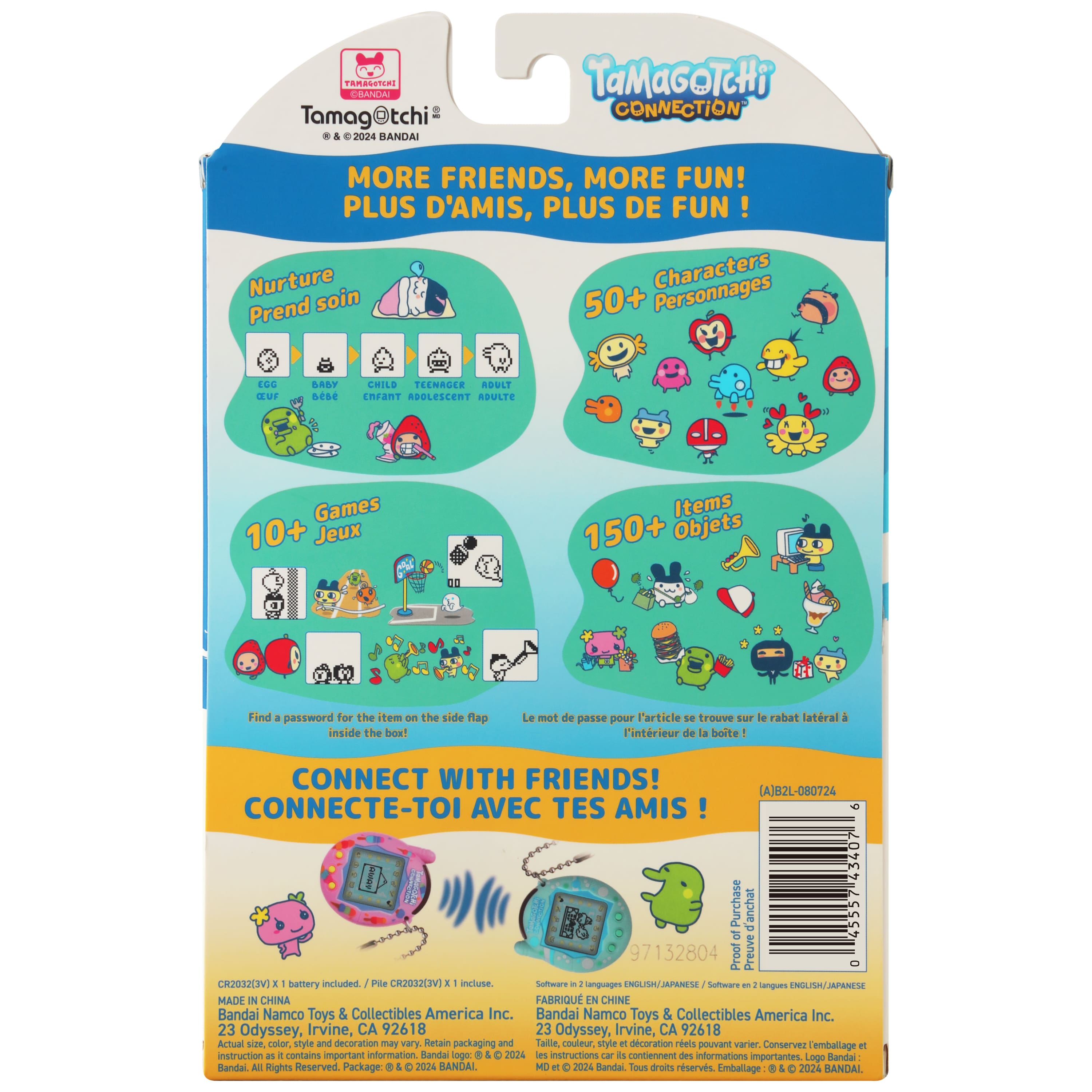 The Tamagochi Connection box contains 50+ characters and 150+ items, including a Tamagochi character, a clock, and a game. The box also includes a password for the item on the side, which can be found inside the box. The box is made in China and is designed by Bandai Namco Toys & Collectibles America Inc. The actual color style and decoration may vary, so it is recommended to retain the packaging for reference.