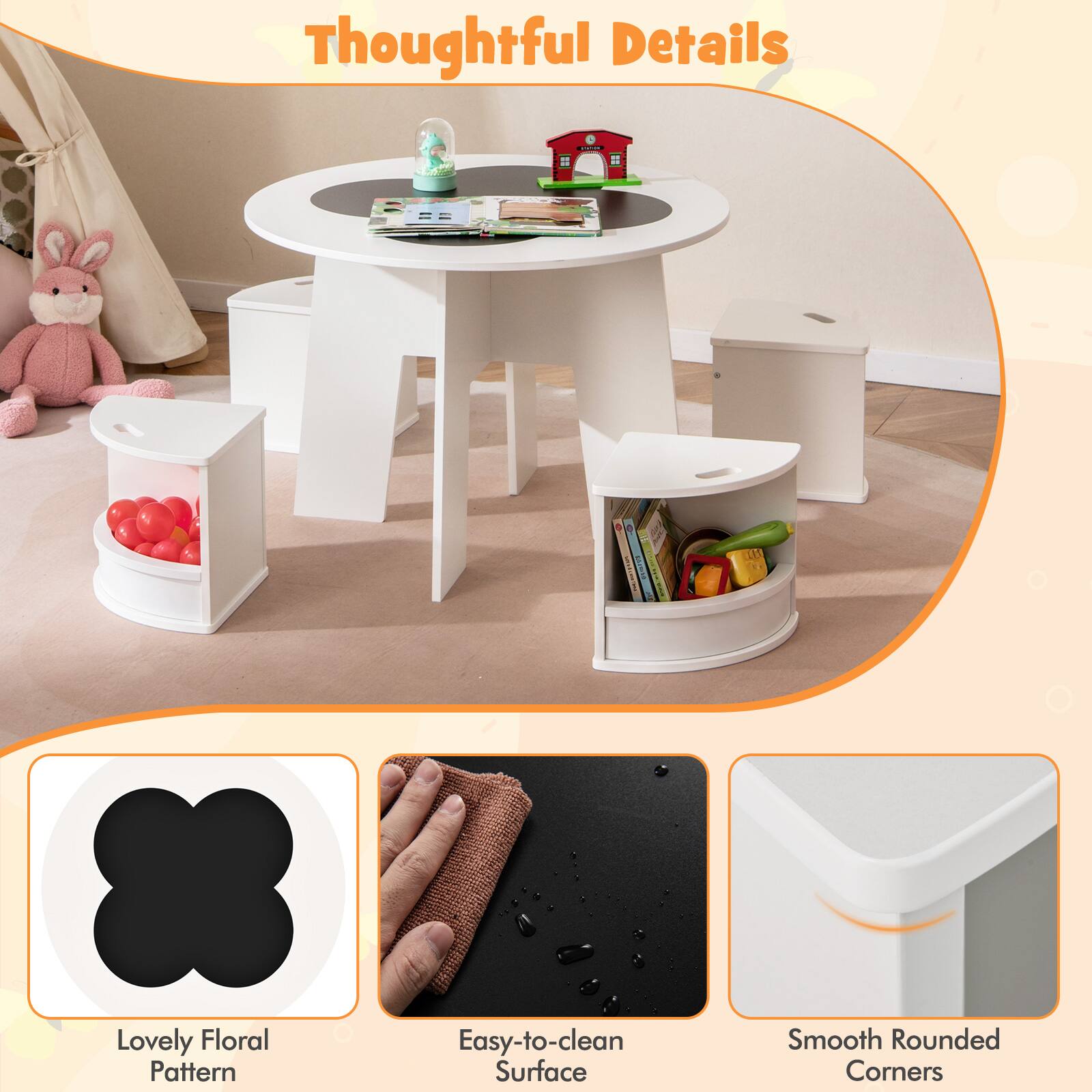 Thoughtful Details

- Lovely Floral Pattern
- Easy-to-clean Surface
- Smooth Rounded Corners