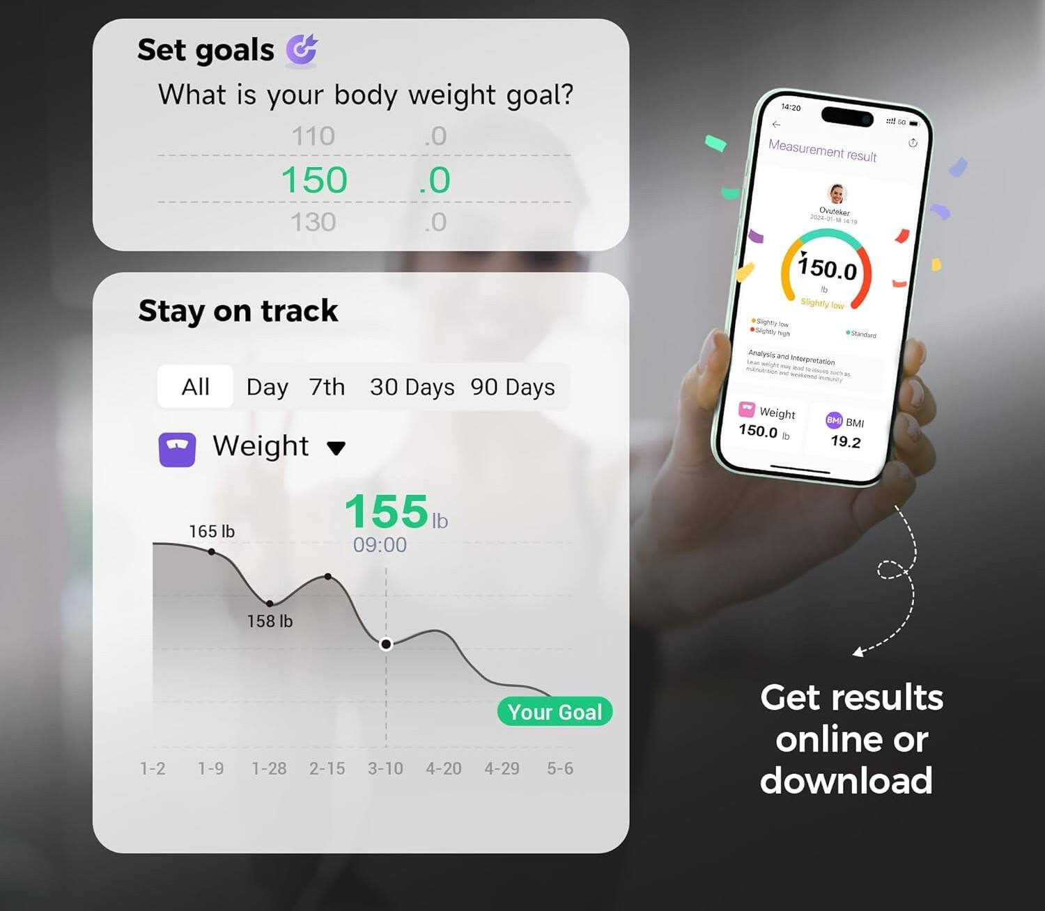 Set goals  
What is your body weight goal?  
110 0  
150 0  
130 0  

Stay on track  
All Day 7th 30 Days 90 Days  
Weight 58:20 2n 1  
Measurement result  
Ovutaker 2024-01 1699 i50.0  
Slightly Sow Sighty -e Sagnetly Sgh eStanded  
Analysis and interpretation n - - - saanoa ss - itoriy  
Weight 6M BMI 150.0 19.2  
165 lb 155 lb 09:00 158 lb 1-2 1-9 1-28 2-15 3-10 4-20  
Your Goal 4-29 5-6  

Get results online or download
