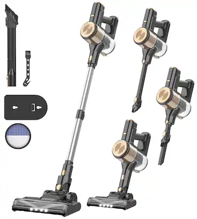 Front. INSE - N17 Cordless Vacuum Cleaner, Stick Vacuum With Dust Cup, LED Headlights, 45mins Runtime For Home, Pet Hair, Hard Floor - Gold.