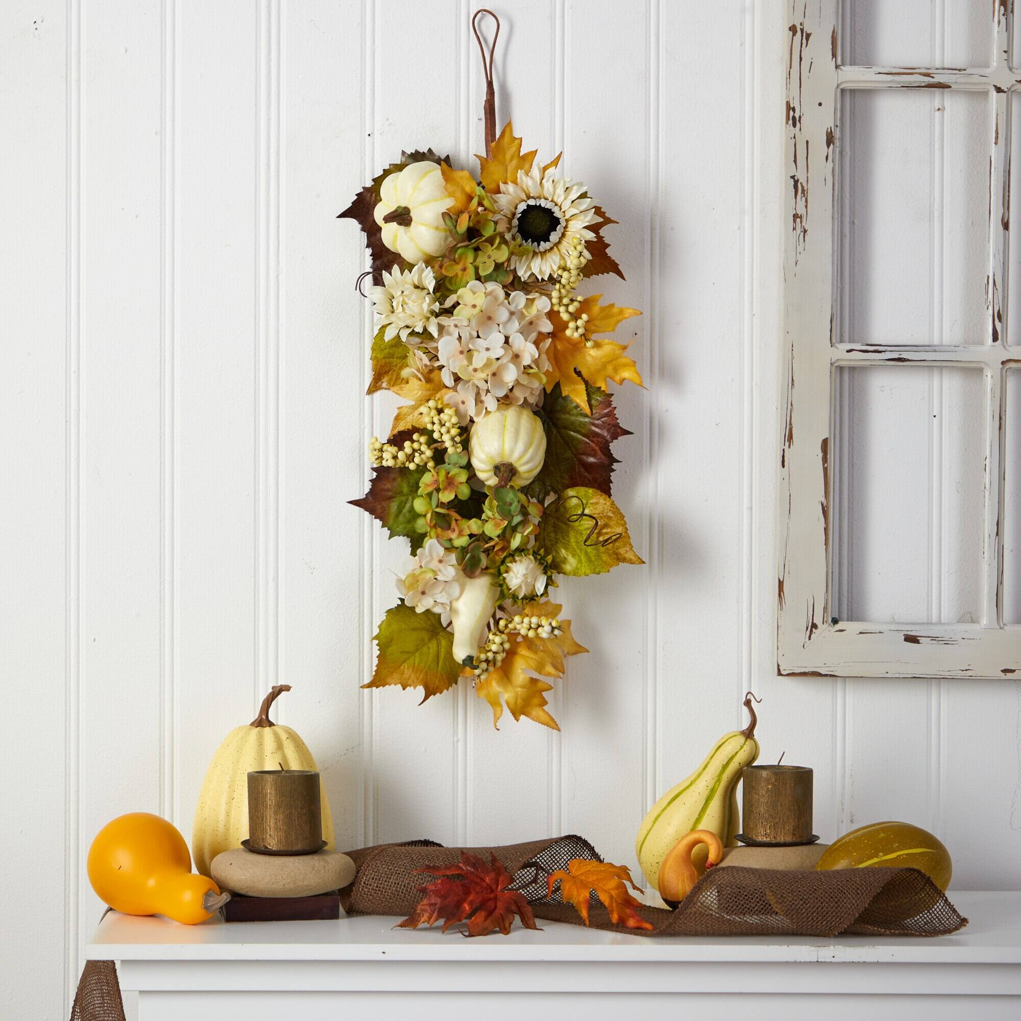 Left. BreeBe - 33" Fall Sunflower Hydrangea and Pumpkin Teardrop - Multicolor.