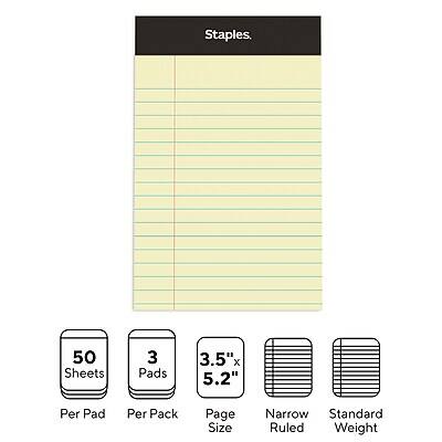 Staples  
50 Sheets Per Pad  
3 Pads Per Pack  
3.5" x 5.2" Page Size  
Narrow Ruled  
Standard Weight