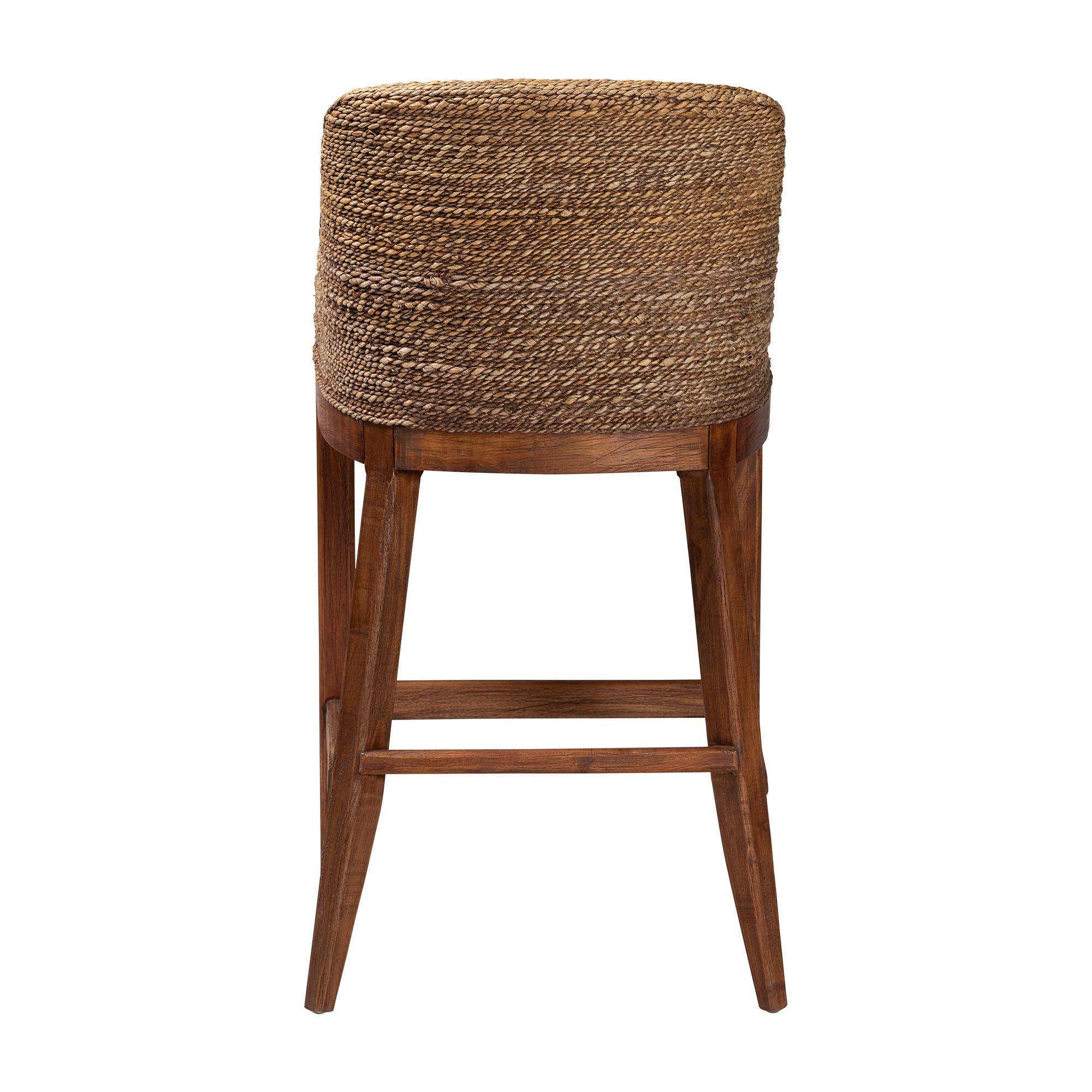 Back. bali & pari - Jasper Seagrass Bar Stool with Mahogany Wood Frame - Seating with Woven Wingback and Cushioned Seat - Brown Wash.