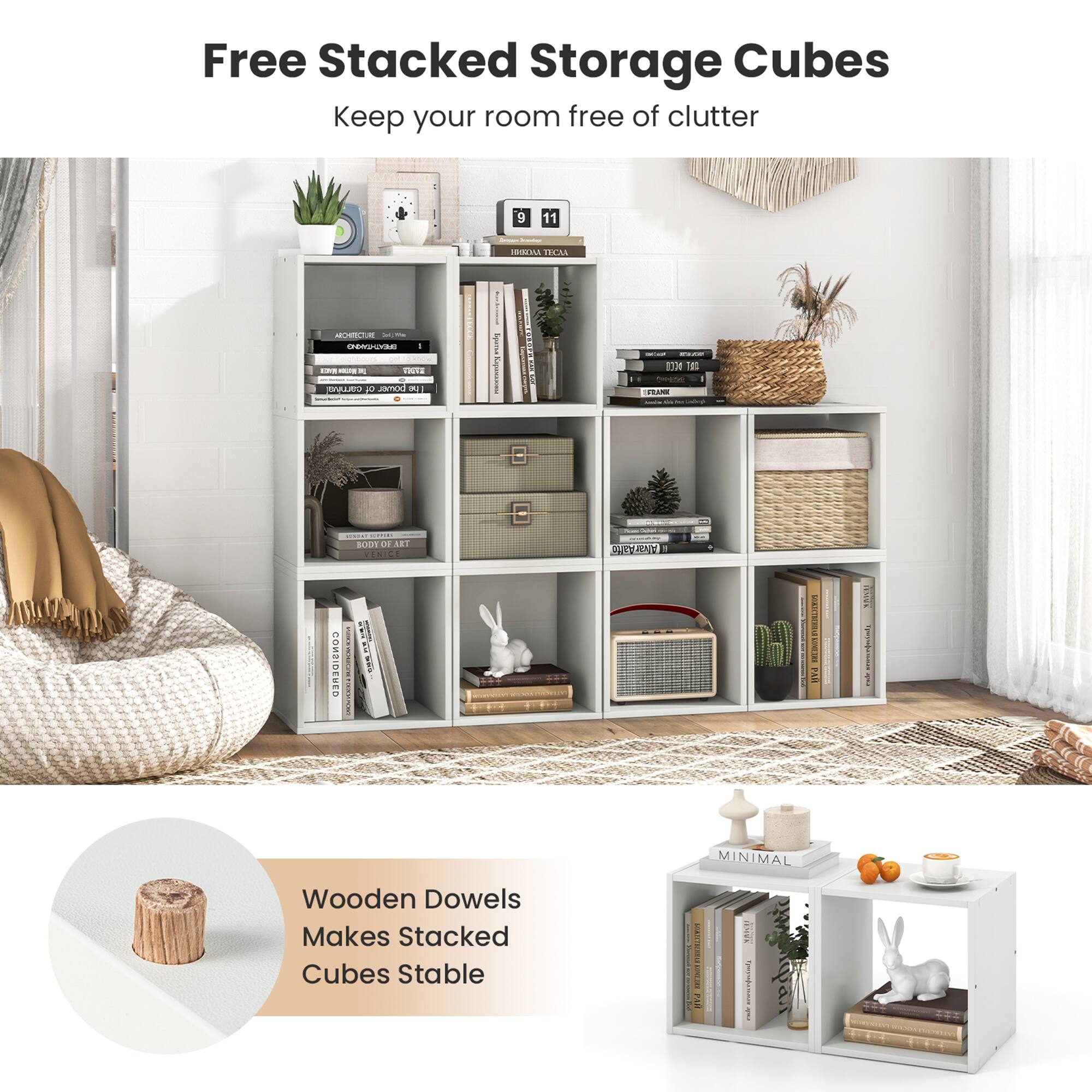 Free Stacked Storage Cubes
Keep your room free of clutter

Wooden Dowels Makes Stacked Cubes Stable
