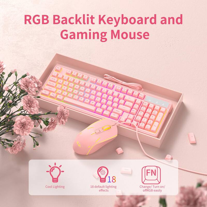 RGB Backlit Keyboard and Gaming Mouse

- Cool Lighting
- 18 default lighting effects
- FN Change/Turn on/off RGB easily