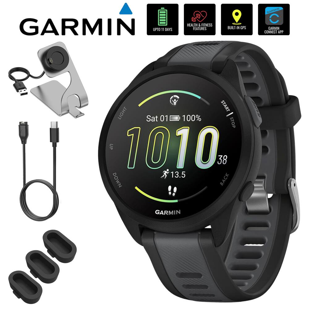GARMIN UPTO 11 DAYS  
HEALTH & FITNESS FEATURES  
BUILT-IN GPS  
GARMIN CONNECT APP  

LIGHT  
Sat 01 100%  
10:10  
38  
13.5  
BACK  

GARMIN