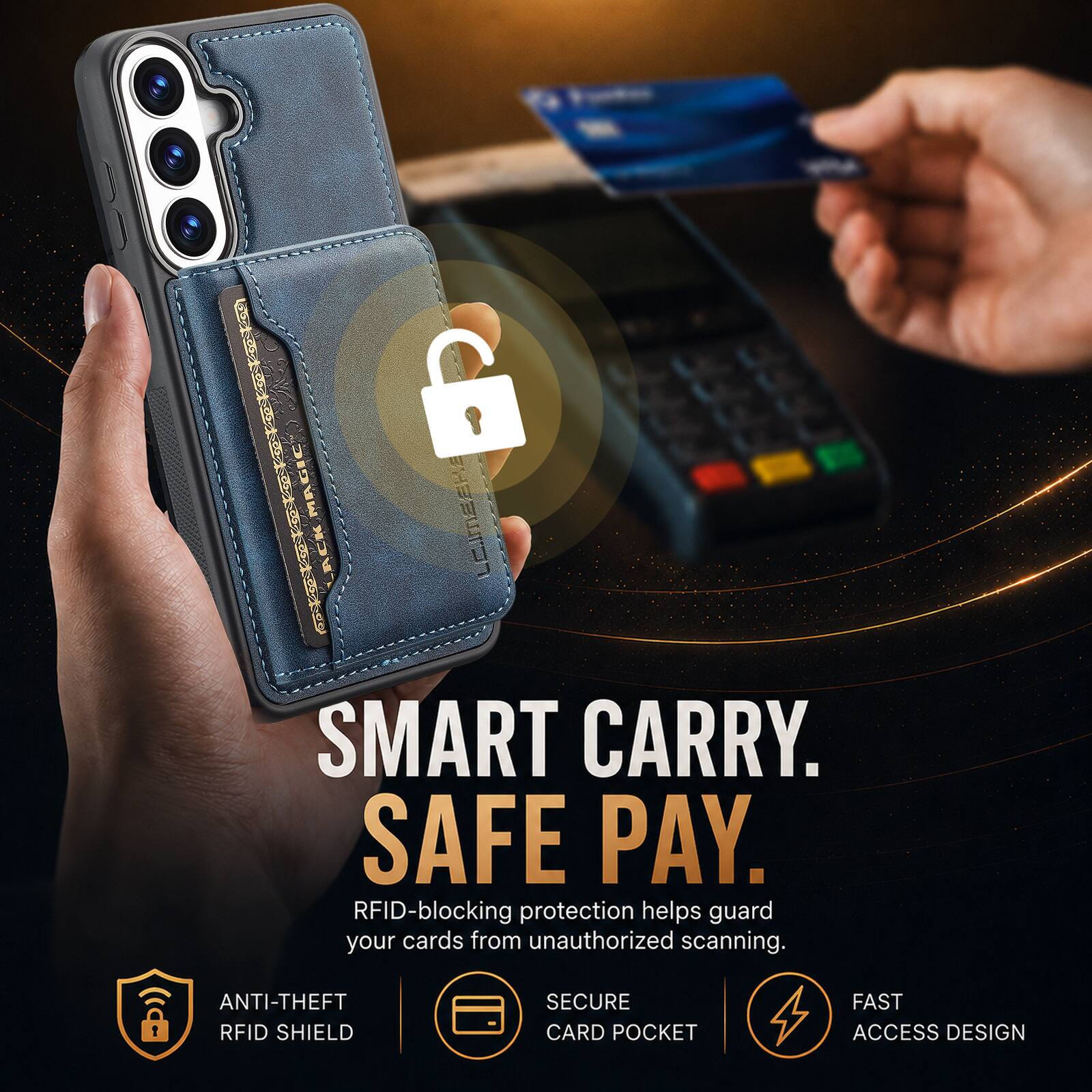 6 MAGIC EXEWICHEN SMART CARRY. SAFE PAY. RFID-blocking protection helps guard your cards from unauthorized scanning.

ANTI-THEFT RFID SHIELD
SECURE CARD POCKET
FAST ACCESS DESIGN