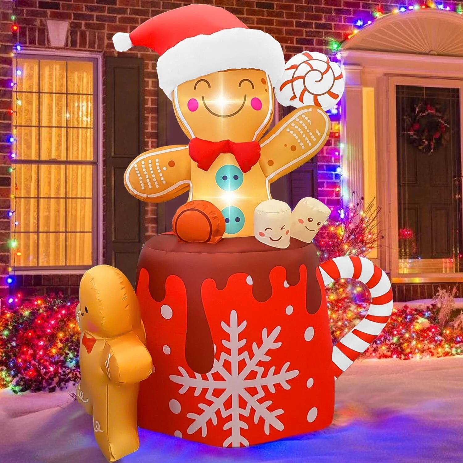 Front. GVDV - 6ft Christmas Inflatables Outdoor Decorations, Christmas Blow-up Yard Decorations Gingerbread Man for Garden Lawn Decor - Orange.