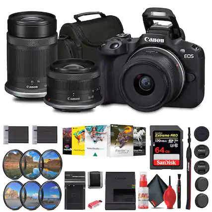 Canon EOS 55
Canon 55
Canon 18-45
Canon Extreme PRO 170 MB/s V30 64 GB
SanDisk
PHOTO-M
PaintShop Pro
VideoStudio 2020
Painter 7 essentials
Shot Pro 3
Canon Battery Charger
Canon Lens Cleaning Kit
Canon Lens Hood
Canon Lens Cap
Canon Lens Filter
Canon Camera Bag