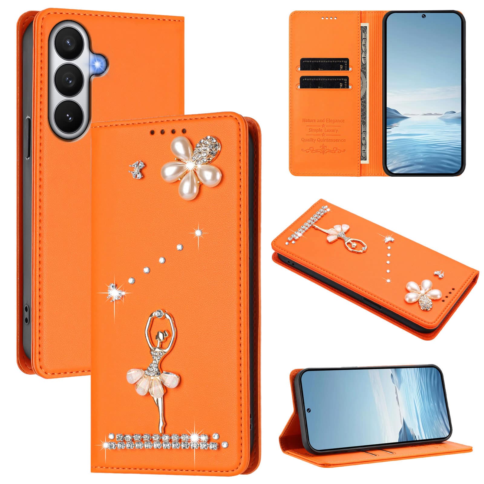 Dteck - 3D Bling Ballerina Wallet Case for Samsung Galaxy S26+, RFID Blocking PU Leather Flip Cover with Card Slots - Orange