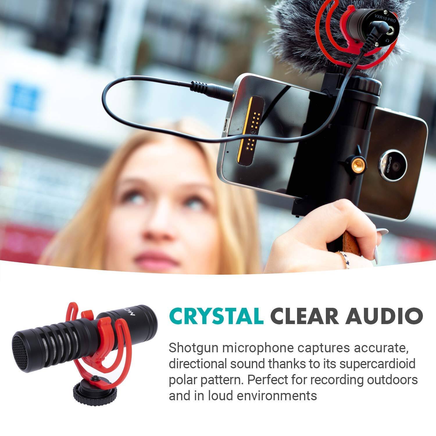 **CRYSTAL CLEAR AUDIO**

Shotgun microphone captures accurate, directional sound thanks to its supercardioid polar pattern. Perfect for recording outdoors and in loud environments.