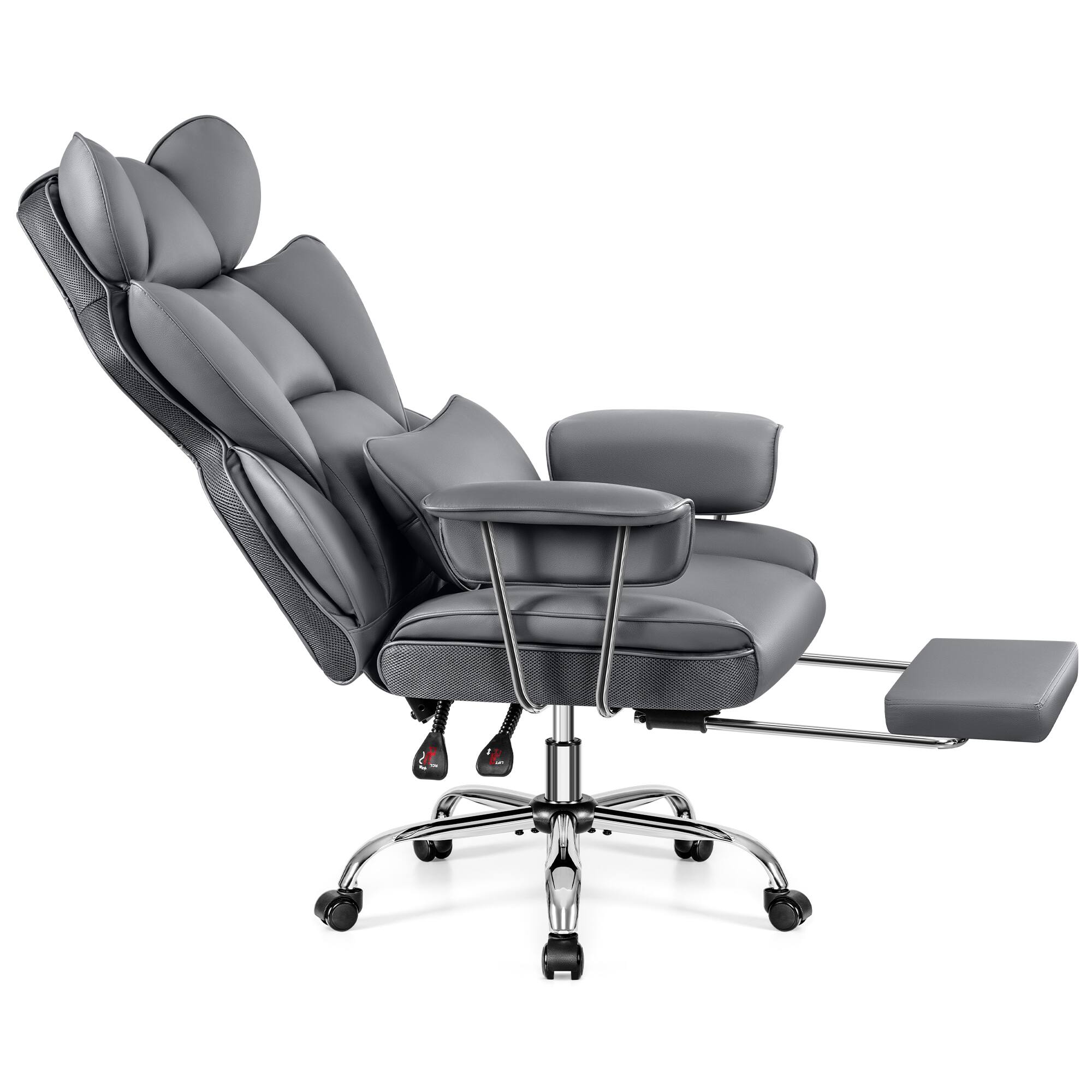 Left. Brick Attic - 500LBS Big & Tall Office Chair, Leather Gaming Chair with Footrest, Adjustable Height & Lumbar Support - Gray - Gray.