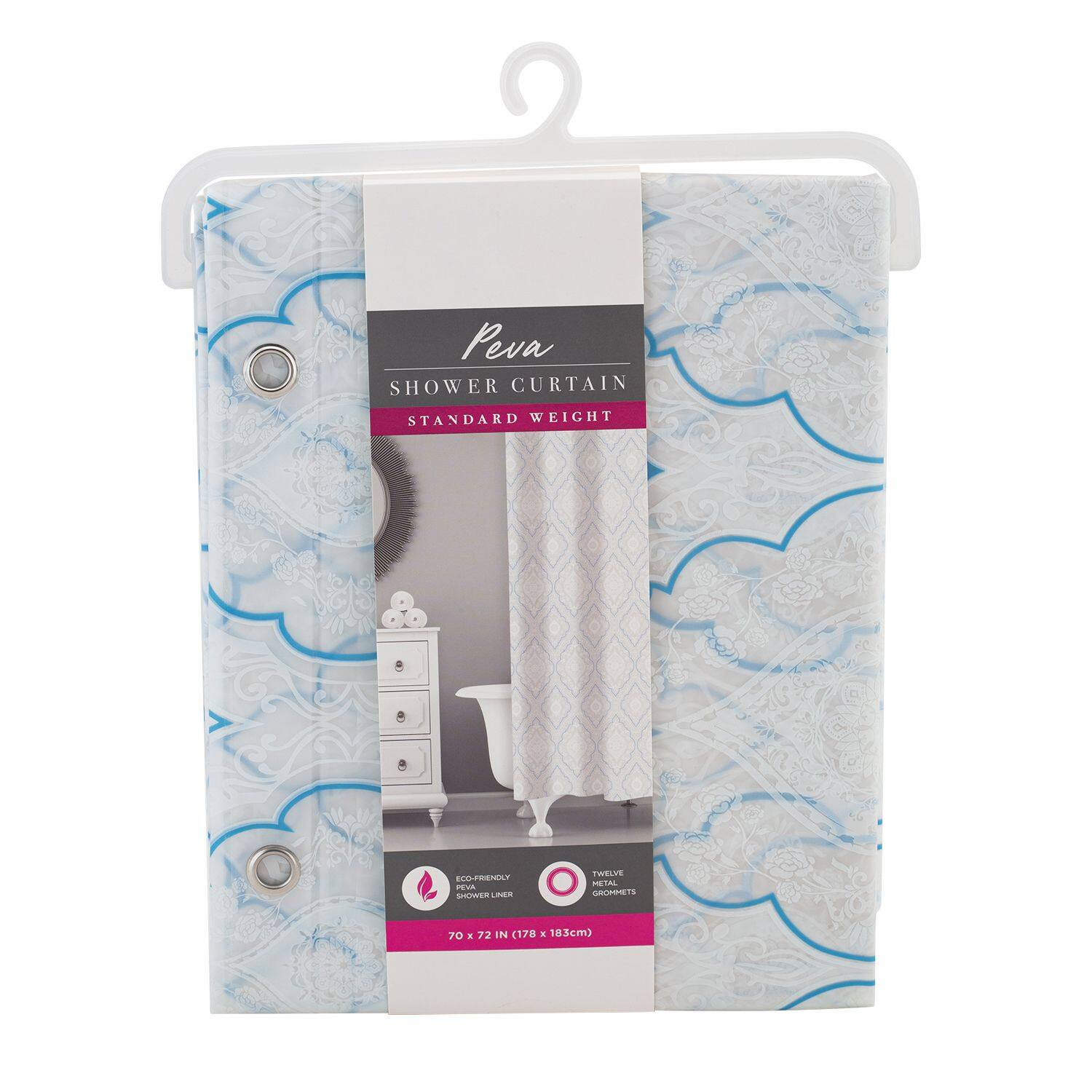 Peva SHOWER CURTAIN STANDARD WEIGHT COOL FREMUY  
Rawure LR PWELVE PETAL OAOIRETS JO  
72 IN (183-cm)