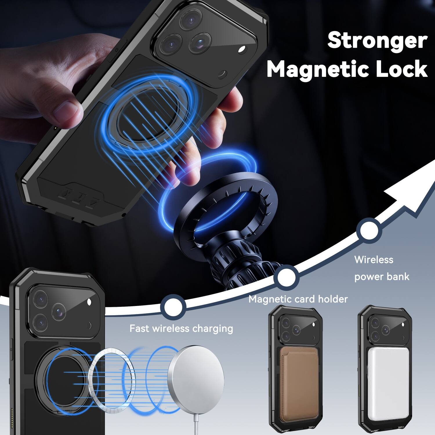 Stronger Magnetic Lock  
Wireless power bank  
Magnetic card holder  
Fast wireless charging