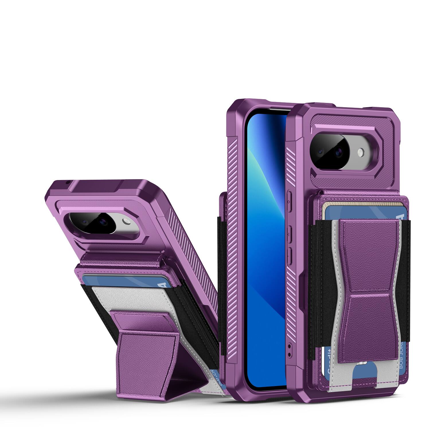 Angle. Dteck - Rugged Wallet Case for Google Pixel 10a, Shockproof Protective Cover with Elastic Card Holder and Kickstand - Purple.