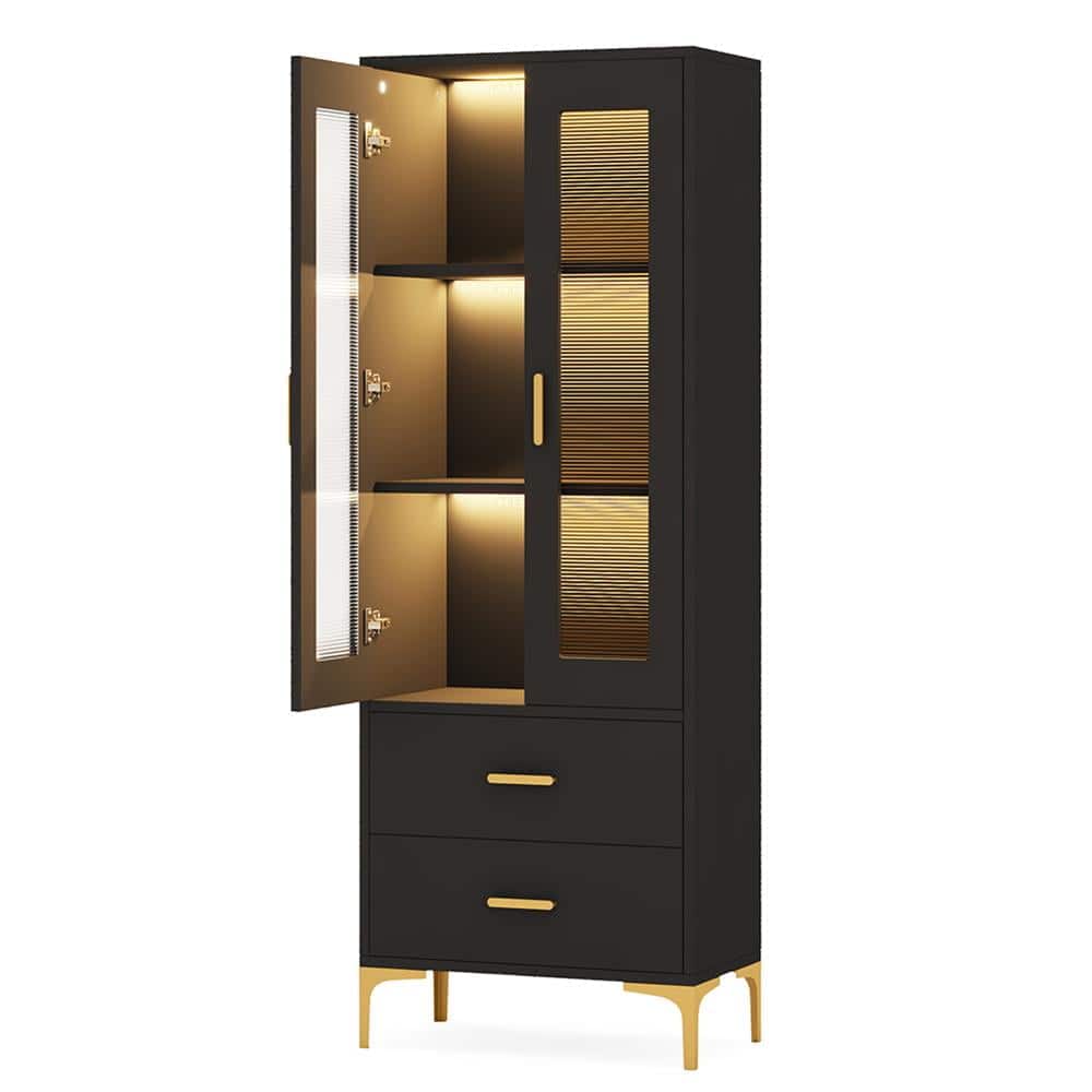 Kadyn - Bookshelf, Storage Shelf, Bookcase,Freestanding Bookcase Bookshelf with LED Light, Doors & 2 Drawers - Black