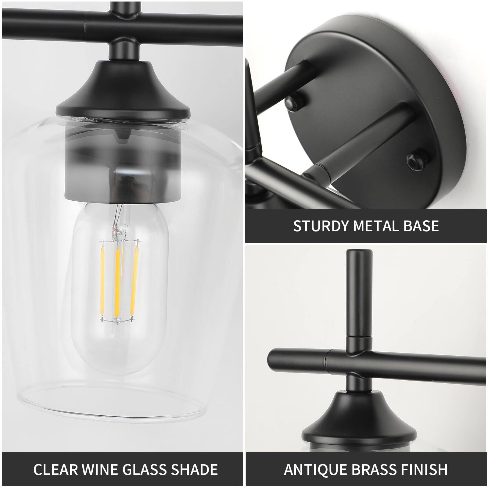 - STURDY METAL BASE
- CLEAR WINE GLASS SHADE
- ANTIQUE BRASS FINISH