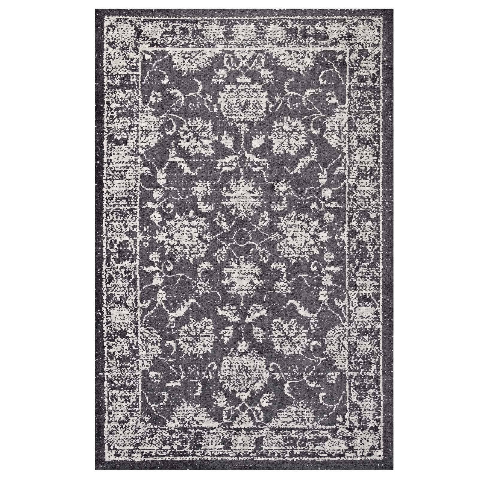 Angle. Modway - Kazia Distressed Floral Lattice Area Rug - Dark Gray and Ivory.