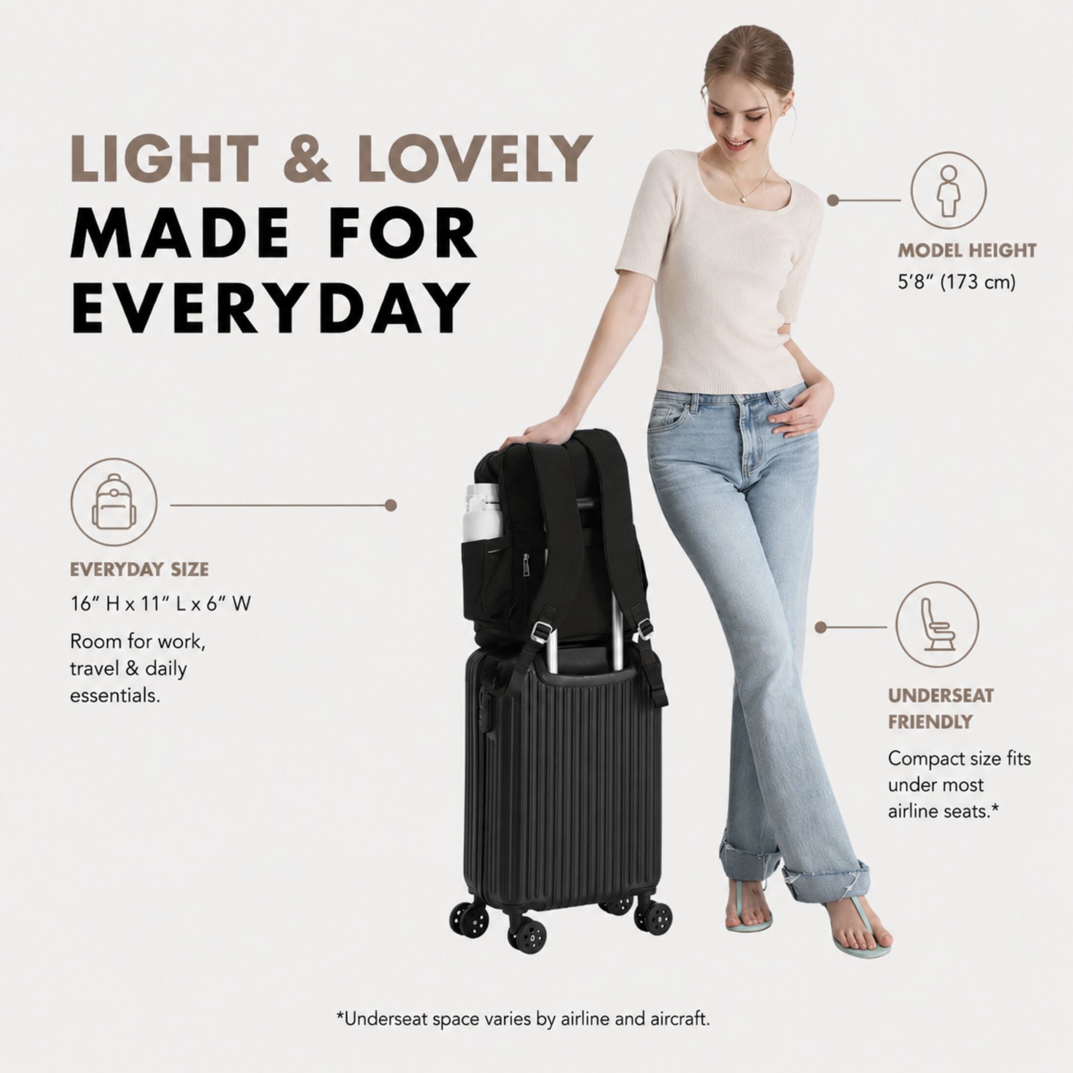 LIGHT & LOVELY MADE FOR EVERYDAY

MODEL HEIGHT 5'8" (173 cm)

EVERYDAY SIZE
16" H x 11" L x 6" W
Room for work, travel & daily essentials.

UNDERSEAT FRIENDLY
Compact size fits under most airline seats.*
*Underseat space varies by airline and aircraft.