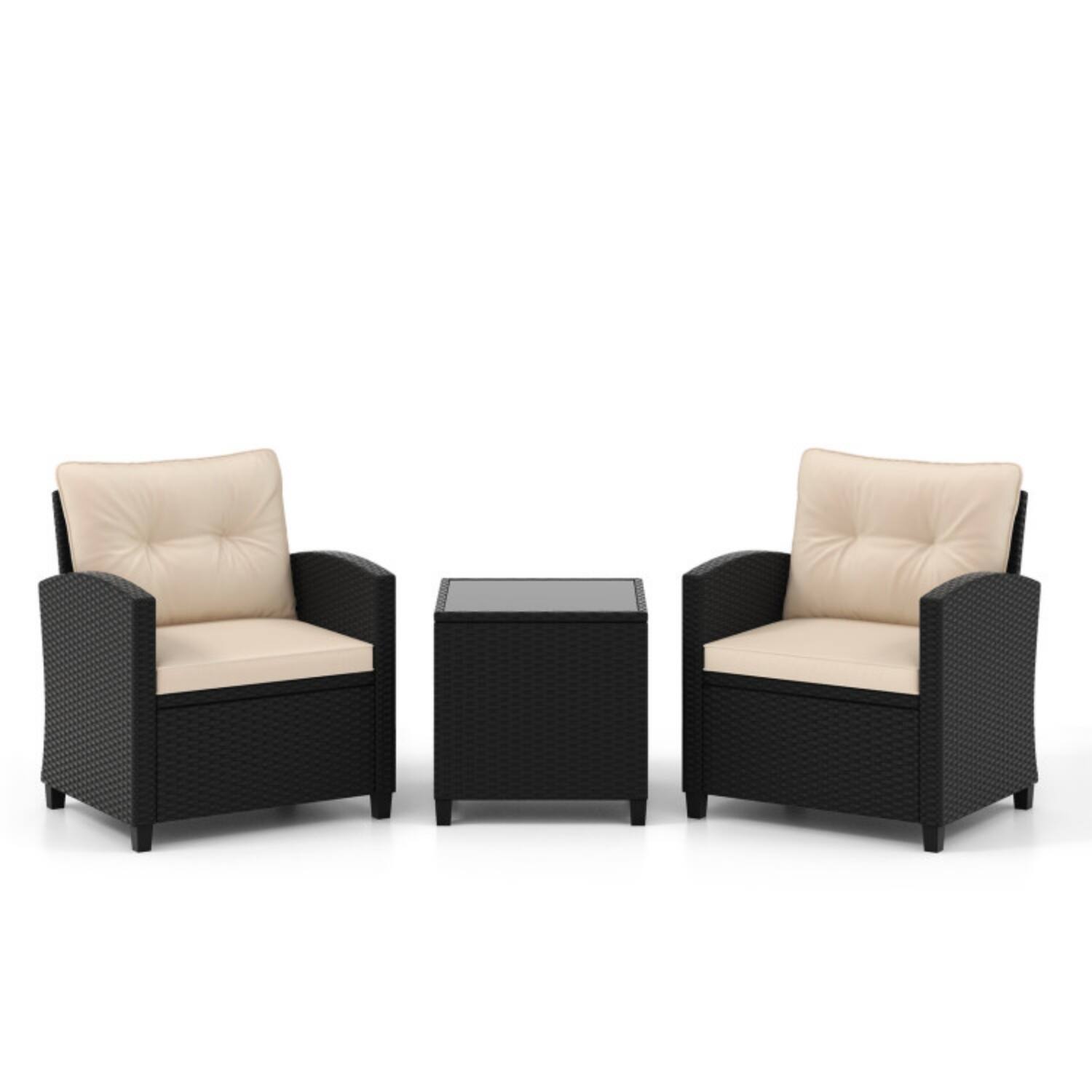 Alt View 3. Mondawe - 25.5 x 26 x 30 IN Freestanding Patio Bistro Set with 2 Chairs & Glass Table 3-Piece - Black+Off White.