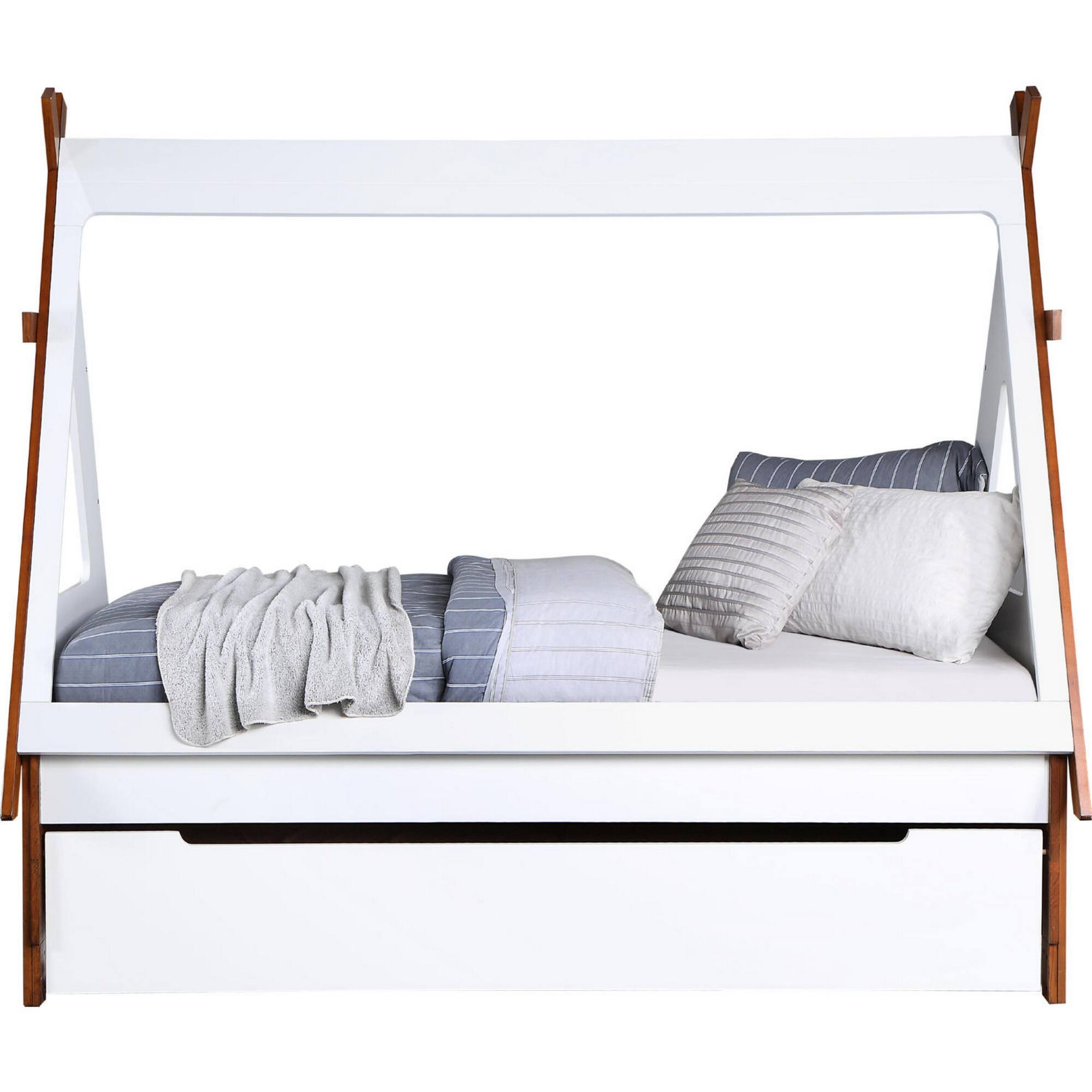 Alt View 1. Manhattan Lane - Teo Wood Twin Bed, House Shaped Bed Frame, Slat System - Brown, White.