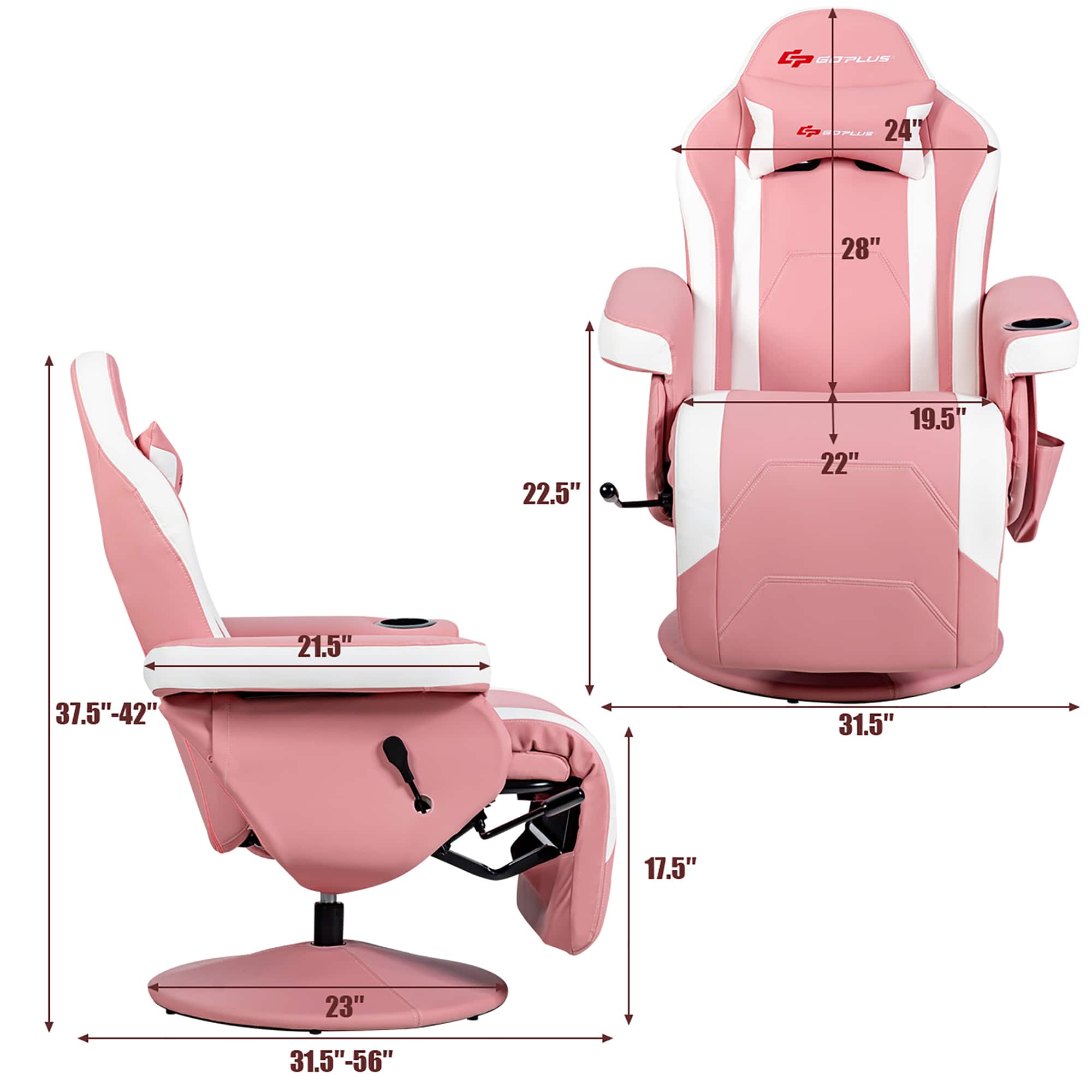 The text on the image reads: "G PLUS 6 OP 24" 28" 22.5" 22" 19.5' 21.5" 37.5"-42" 31.5" 17.5" 23" 31.5"-56"." This text describes the dimensions of a pink chair, including its height, width, and other measurements.