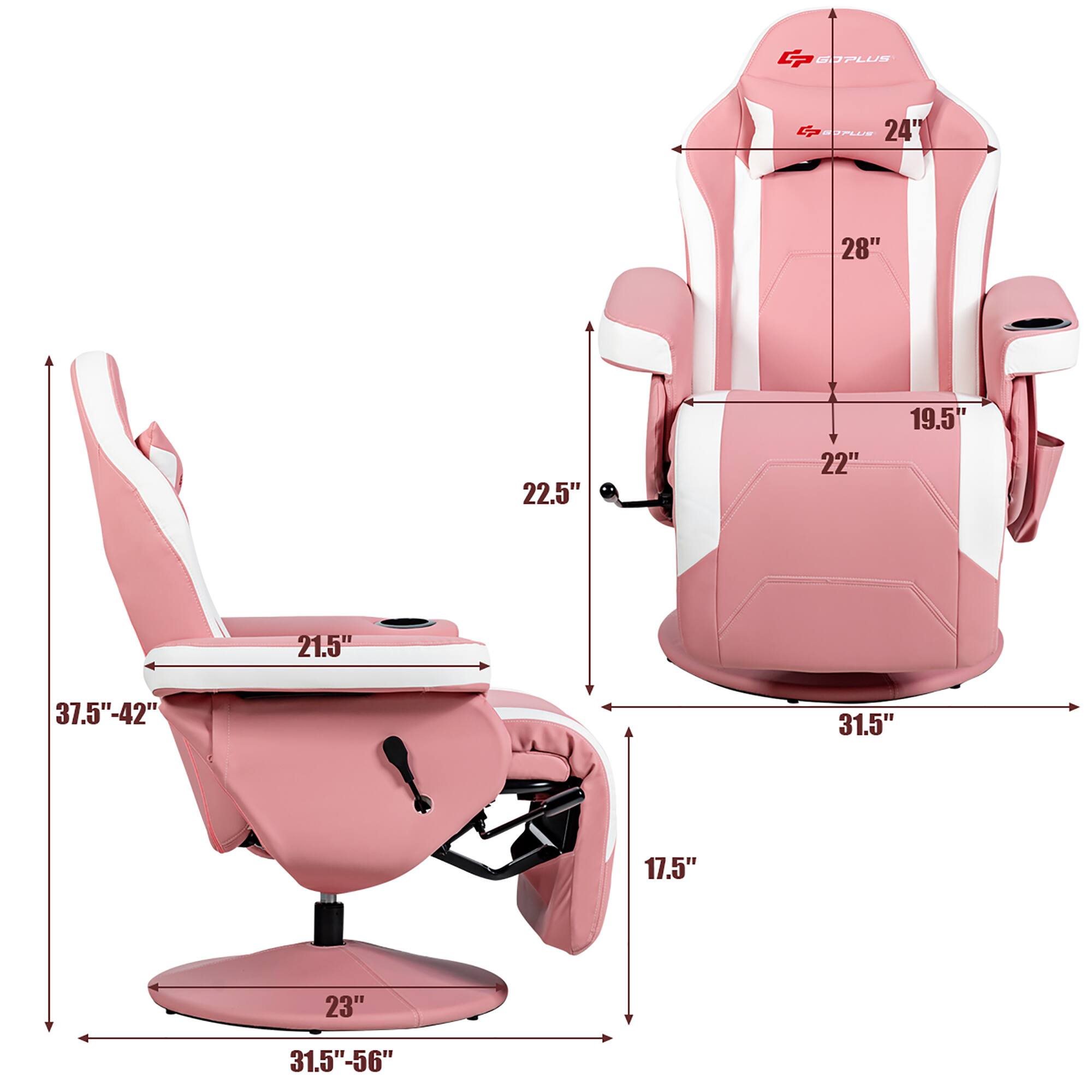 The text on the image reads: "G PLUS 6 OP 24" 28" 22.5" 22" 19.5' 21.5" 37.5"-42" 31.5" 17.5" 23" 31.5"-56"." This text describes the dimensions of a pink chair, including its height, width, and other measurements.