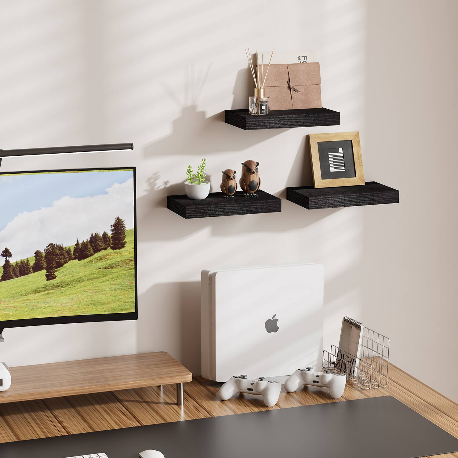 Alt View 4. BOMEDA - Floating Wall Shelves, Wooden Wall Shelf for Room or Bathroom Storage, Over Toilet Wall Organizer, 12x7x1.5 in, 3 Pack - Black.