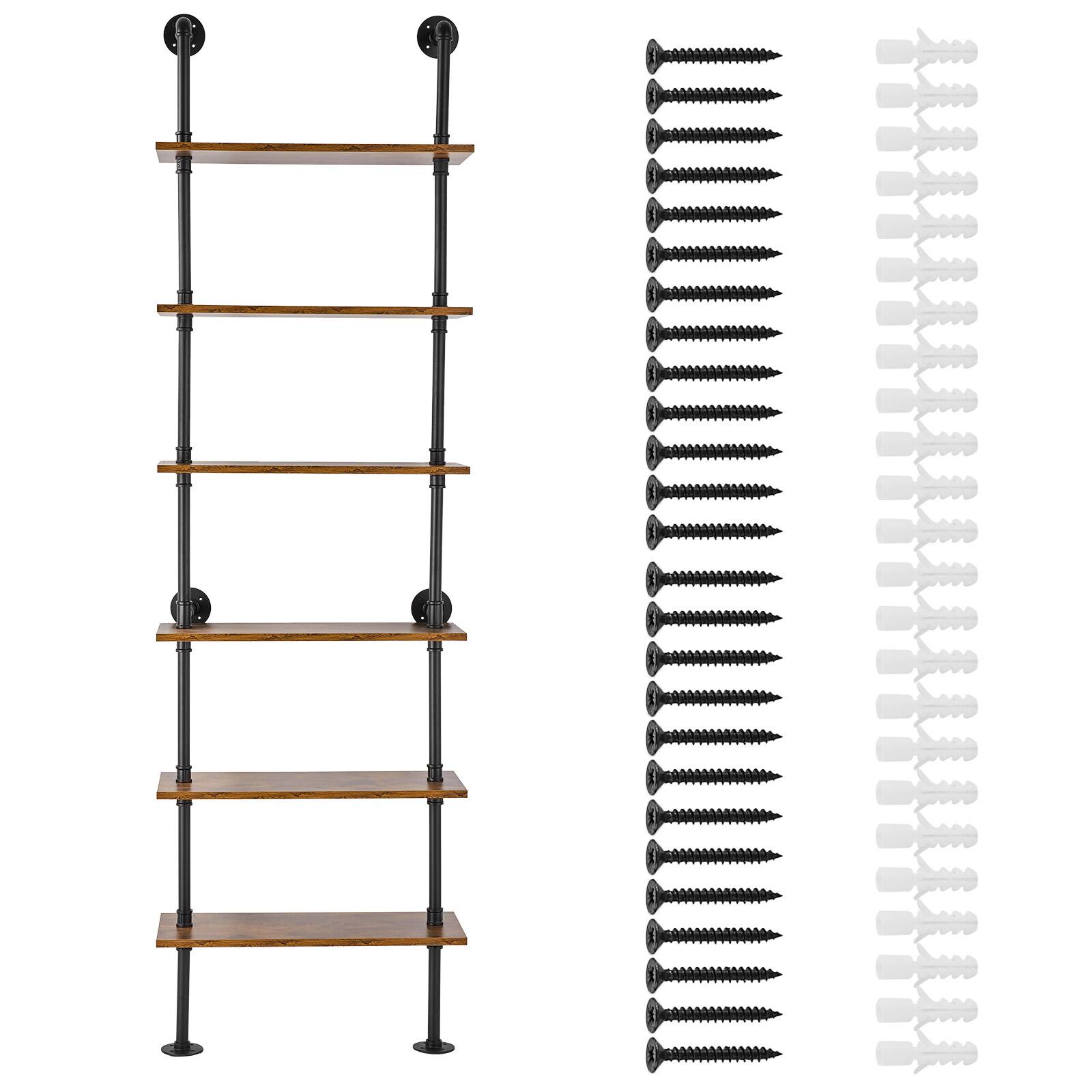 Alt View 5. VEVOR - Industrial Pipe Shelf, 6 Tier 24x9.84in, Wall-Mount Floating Rustic Wood Shelves Bracket Display Bookshelf - black + vintage color.