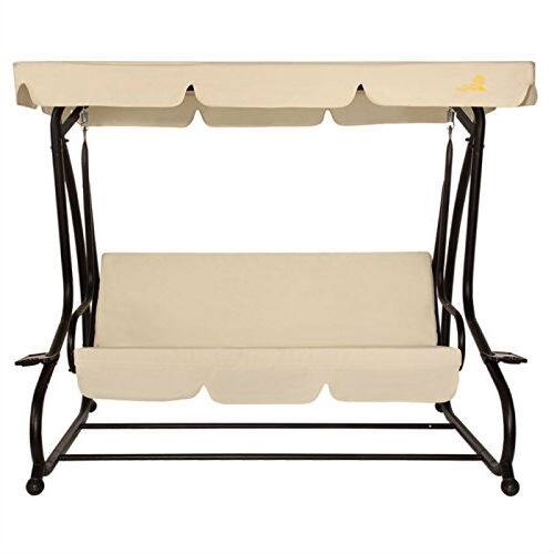 Angle. Hivvago - Outdoor 3-Seat Canopy Swing with Beige Cushions for Patio Deck or Porch - Beige.