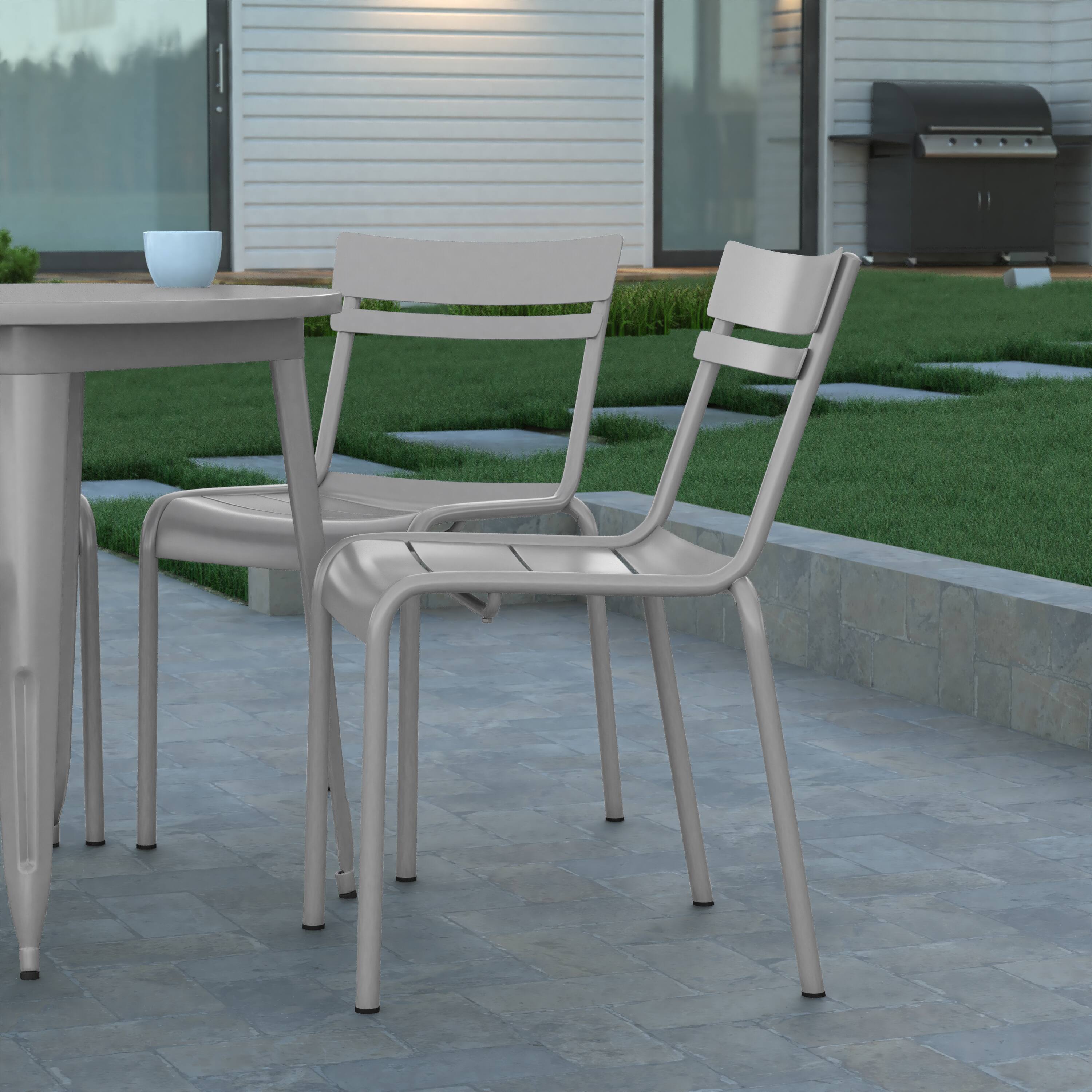 Alt View 5. Emma + Oliver - Rennes Armless Powder Coated Steel Stacking Dining Chair with 2 Slat Back for Indoor-Outdoor Use - Silver.