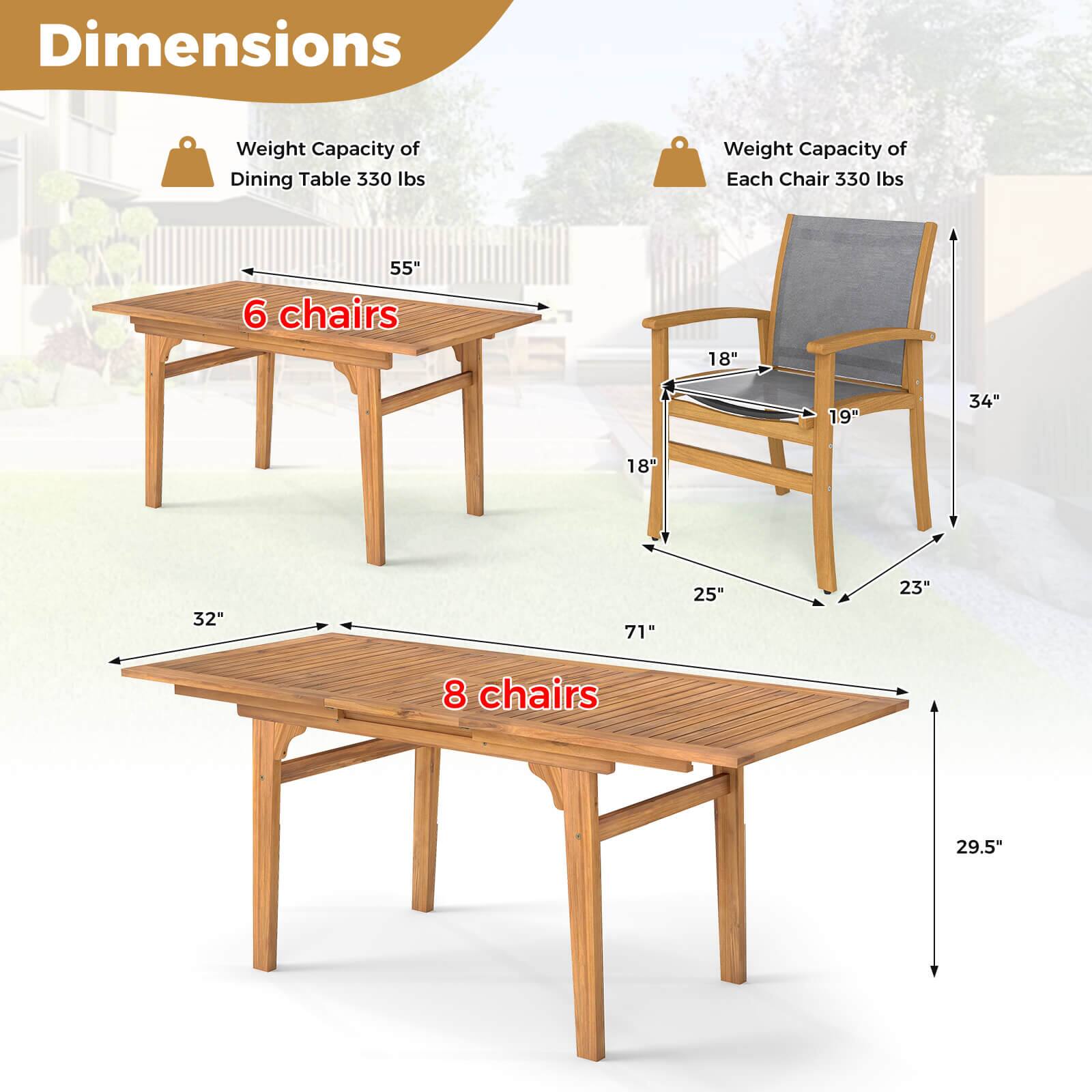 **Dimensions**

- **Weight Capacity of Dining Table:** 330 lbs
- **Weight Capacity of Each Chair:** 330 lbs

**6 chairs:**
- Length: 55"
- Width: 32"
- Height: 29.5"

**8 chairs:**
- Length: 71"
- Width: 32"
- Height: 29.5"

**Chair Dimensions:**
- Seat Width: 18"
- Seat Depth: 19"
- Back Height: 34"
- Arm Height: 25"
- Overall Height: 23"