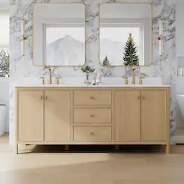 WELLFOR - LORIN 80 in. Solid Wood Bath Vanity with Quartz Top, Double Sink, Soft Close, Assembled - OAK