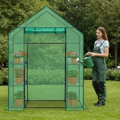 Left. Winado - 56"x29"x77" Walk-in Greenhouse, Outdoor Durable PVC Plant Green House for Frost Protection with 3 Tiers 4 Shelves - Green.