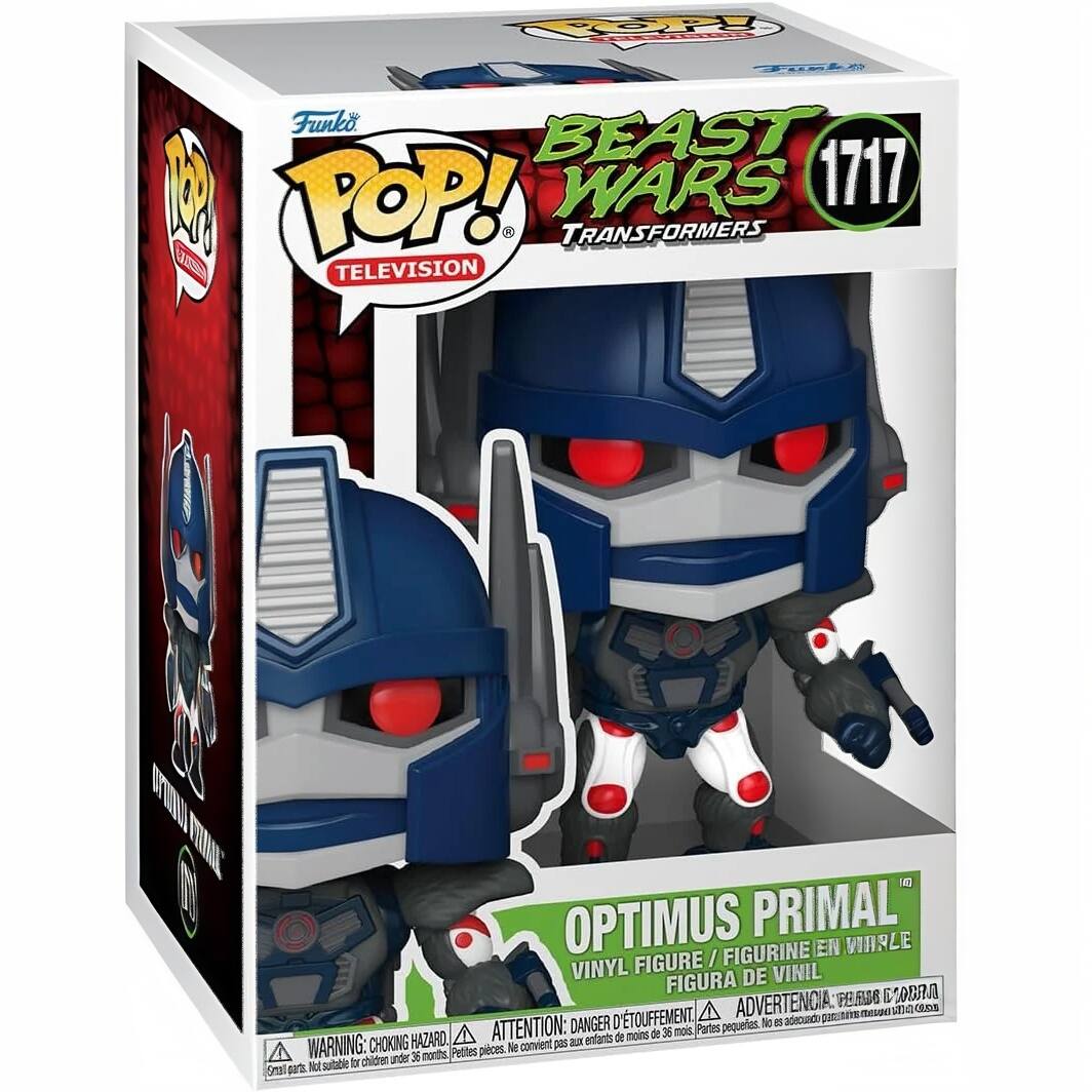Sure, here is the corrected and grouped text from the image:

---

**Funko POP! TELEVISION**

**BEAST WARS TRANSFORMERS**

**1717**

**OPTIMUS PRIMAL**

**VINYL FIGURE / FIGURINE EN VINYLE / FIGURA DE VINIL**

**WARNING: CHOKING HAZARD - Small parts. Not for children under 3 years.**

**ADVERTENCIA: PEQUEÑAS PIEZAS. NO ADECUADO PARA NIÑOS MENORES DE 3 AÑOS.**

**ATTENTION: DANGER D'ÉTOUFFEMENT - Petites pièces. Ne convient pas aux enfants de moins de 3 ans.**

**DANGER D'ÉTOUFFEMENT - Petites pièces. Ne convient pas aux enfants de moins de 3 ans.**

---

This text is organized to reflect the information on the packaging, including the brand, series, character, and safety warnings.