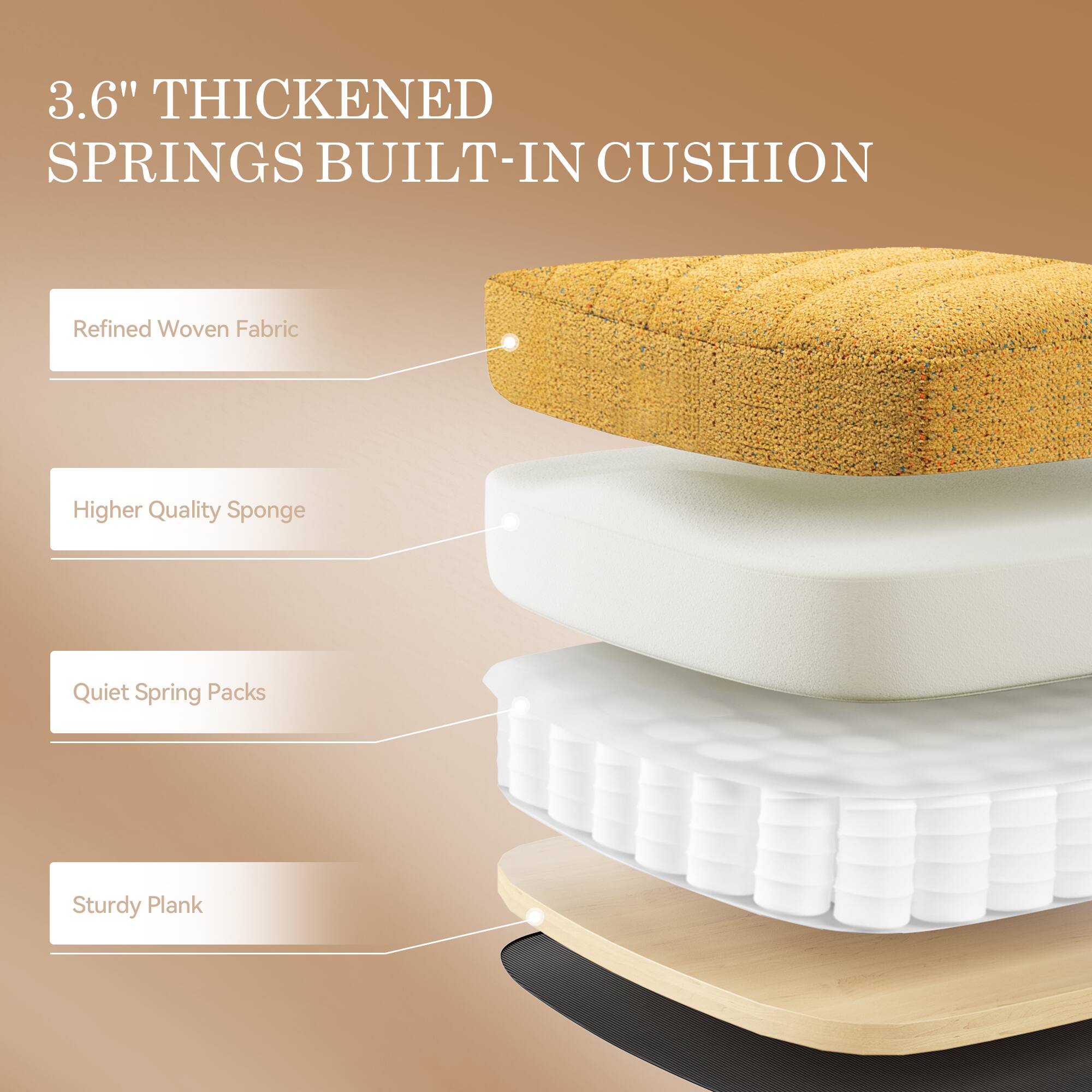 3.6" THICKENED SPRINGS BUILT-IN CUSHION

- Refined Woven Fabric
- Higher Quality Sponge
- Quiet Spring Packs
- Sturdy Plank