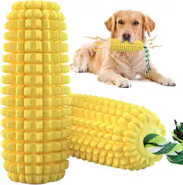 PUPIHOM - Corn Shaped Squeak Durable Rubber Dental Dog Chew Toy With Rope - Yellow